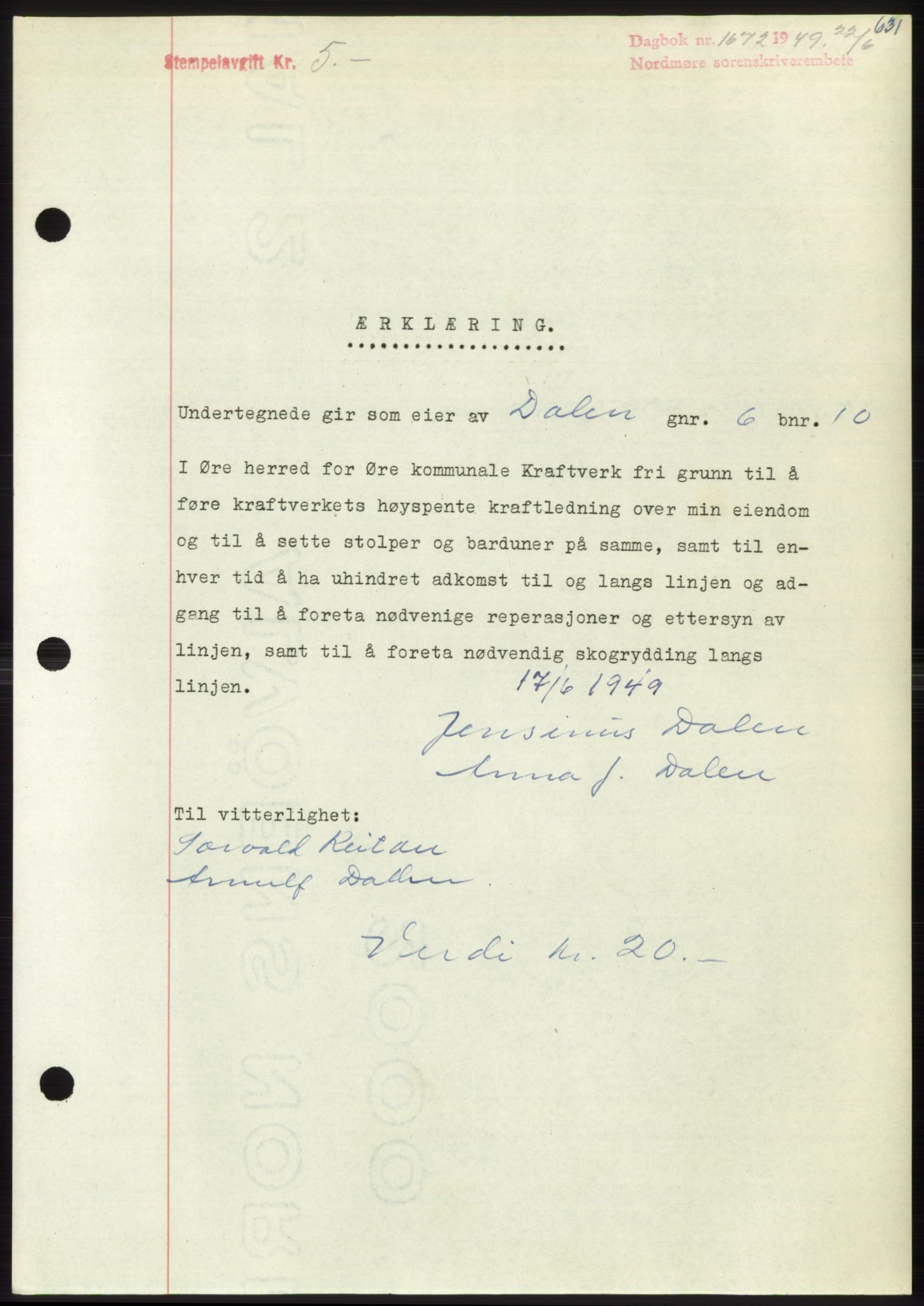 Nordmøre sorenskriveri, SAT/A-4132/1/2/2Ca: Pantebok nr. B101, 1949-1949, Dagboknr: 1672/1949