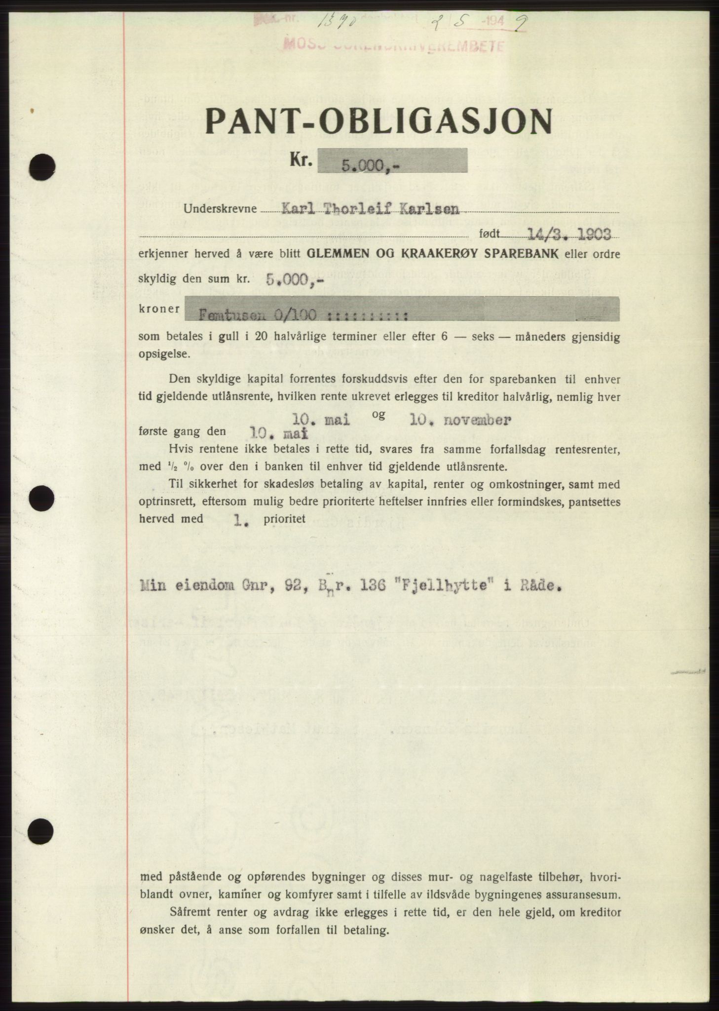 Moss sorenskriveri, SAO/A-10168: Pantebok nr. B21, 1949-1949, Dagboknr: 1370/1949