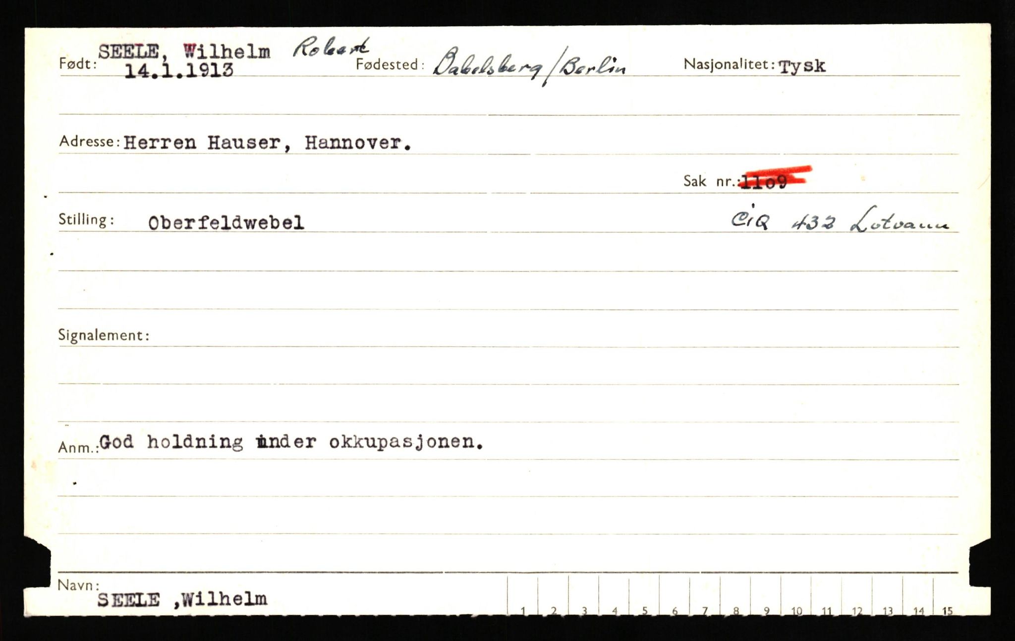 Forsvaret, Forsvarets overkommando II, RA/RAFA-3915/D/Db/L0031: CI Questionaires. Tyske okkupasjonsstyrker i Norge. Tyskere., 1945-1946, s. 404