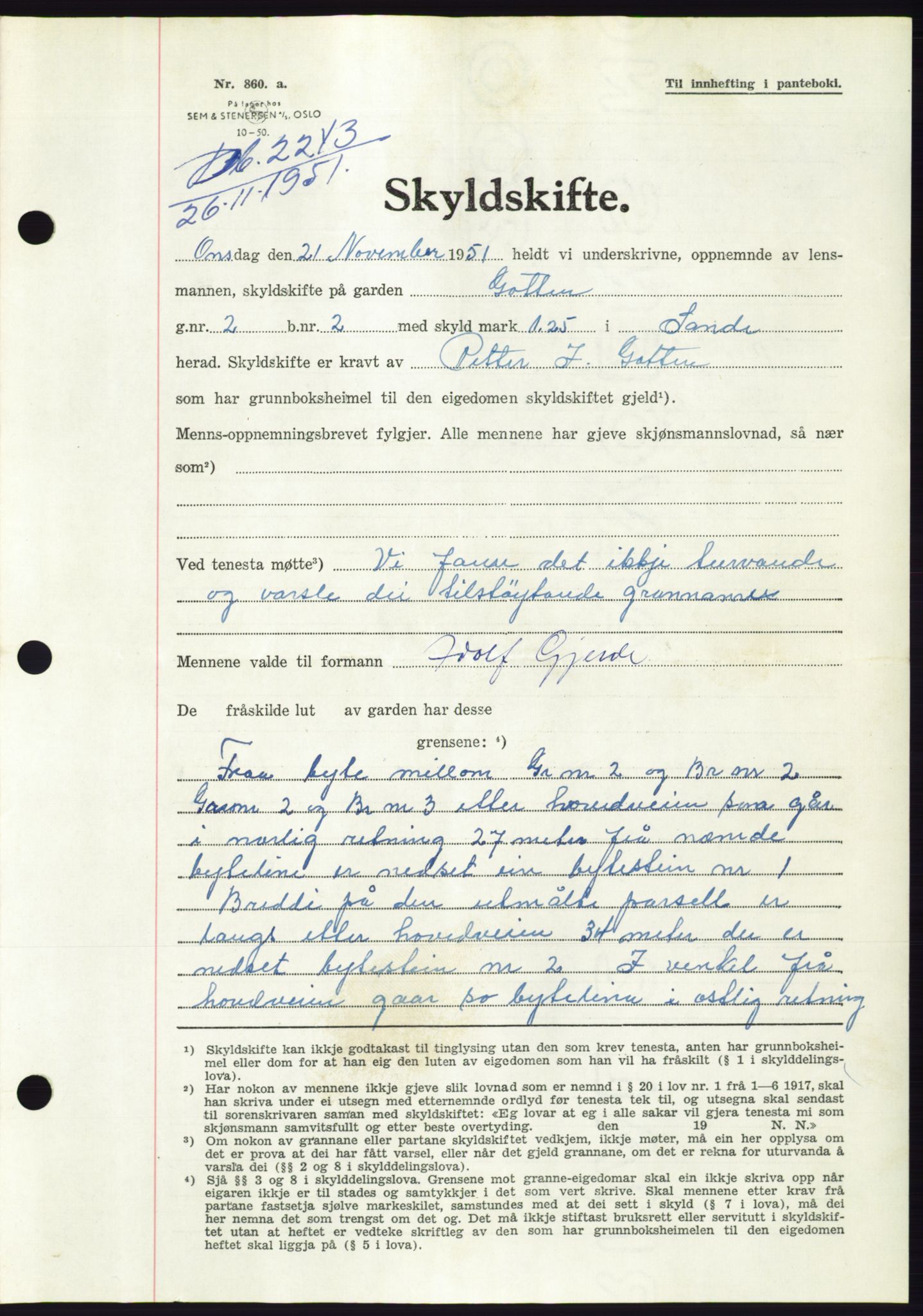 Søre Sunnmøre sorenskriveri, AV/SAT-A-4122/1/2/2C/L0090: Pantebok nr. 16A, 1951-1951, Dagboknr: 2243/1951