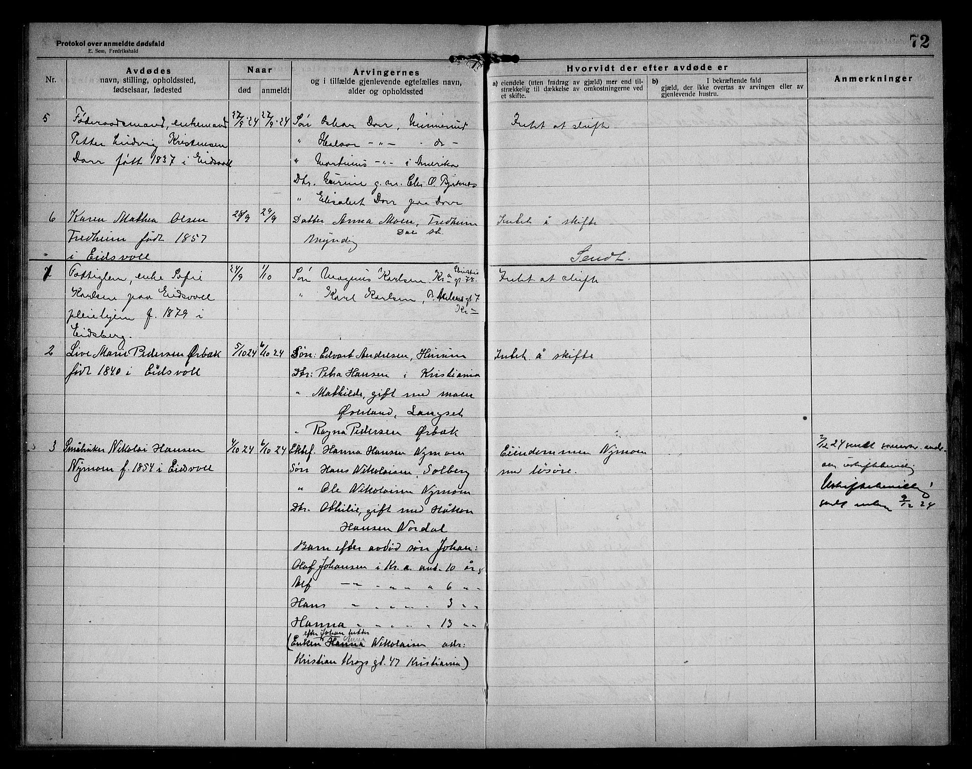 Eidsvoll lensmannskontor, AV/SAO-A-10266a/H/Ha/Haa/L0005: Dødsfallprotokoll, 1921-1930, s. 72