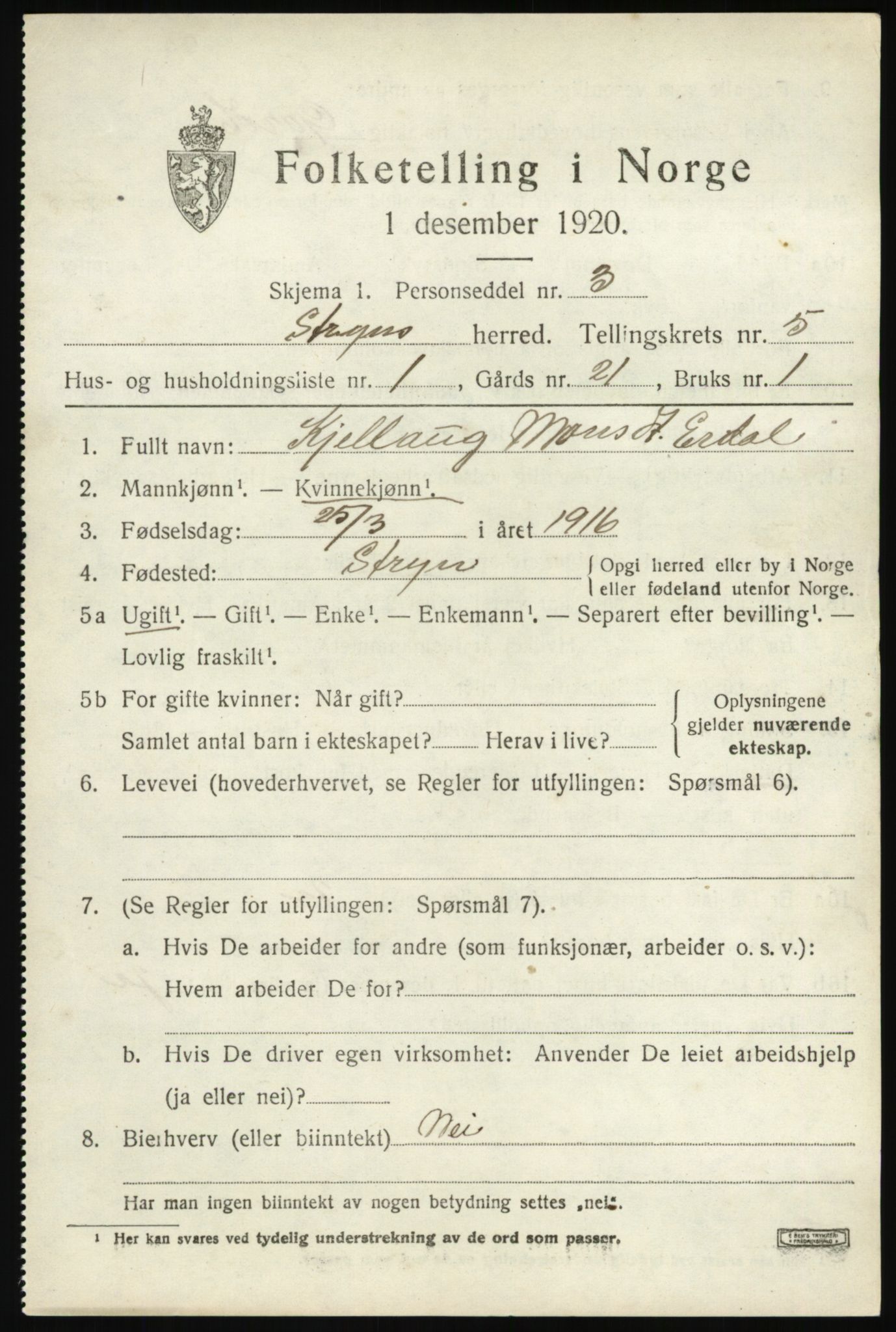 SAB, Folketelling 1920 for 1448 Stryn herred, 1920, s. 2152