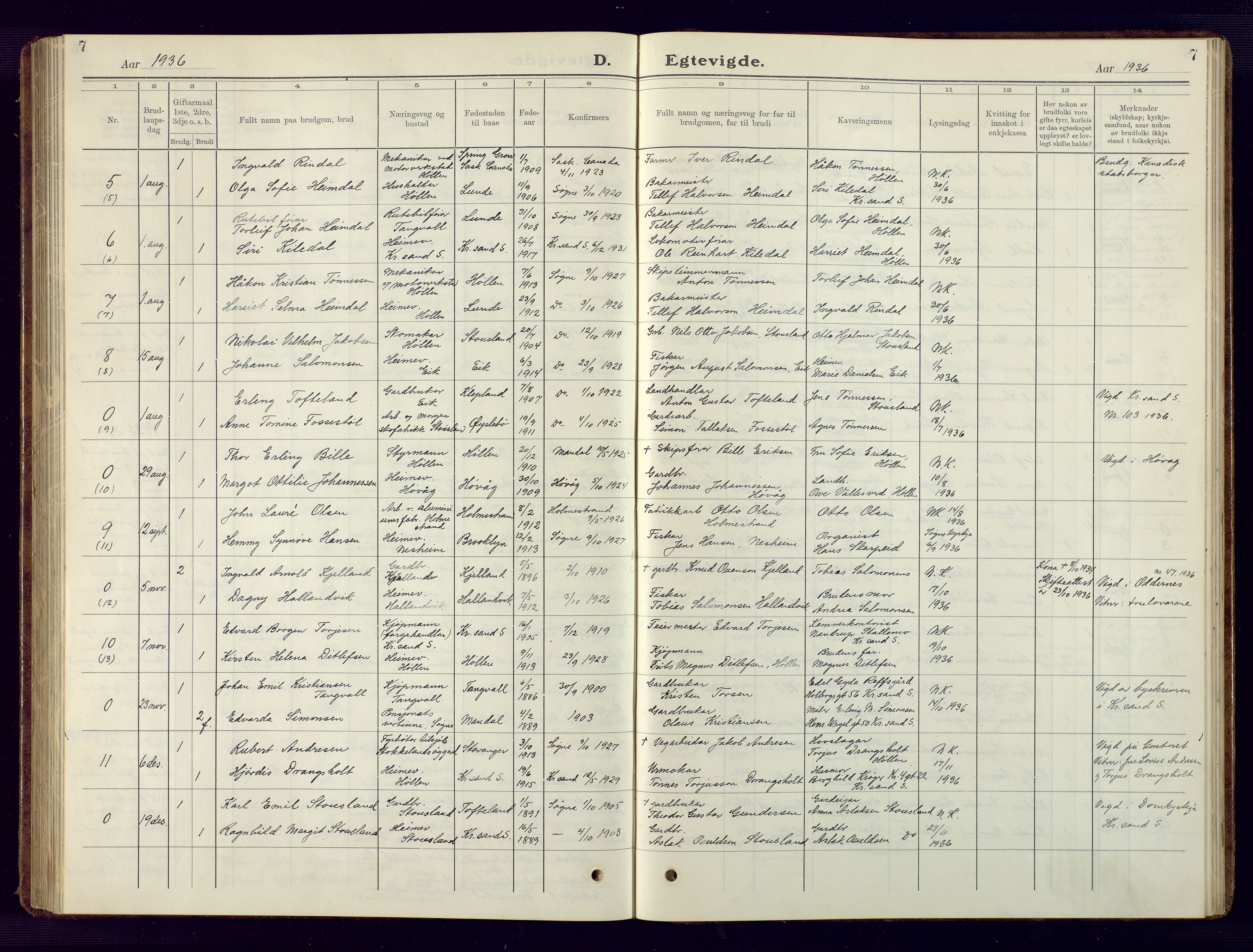 Søgne sokneprestkontor, AV/SAK-1111-0037/F/Fb/Fbb/L0008: Klokkerbok nr. B 8, 1932-1949, s. 7