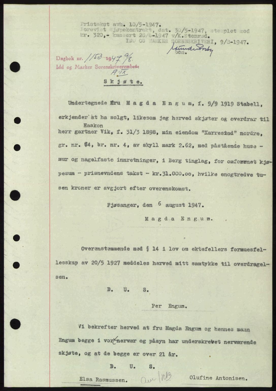 Idd og Marker sorenskriveri, SAO/A-10283/G/Gb/Gbb/L0009: Pantebok nr. A9, 1946-1947, Dagboknr: 1153/1947