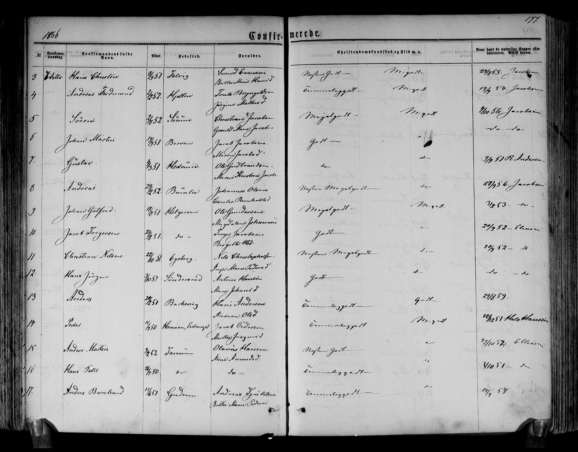 Brunlanes kirkebøker, AV/SAKO-A-342/F/Fa/L0005: Ministerialbok nr. I 5, 1862-1877, s. 177