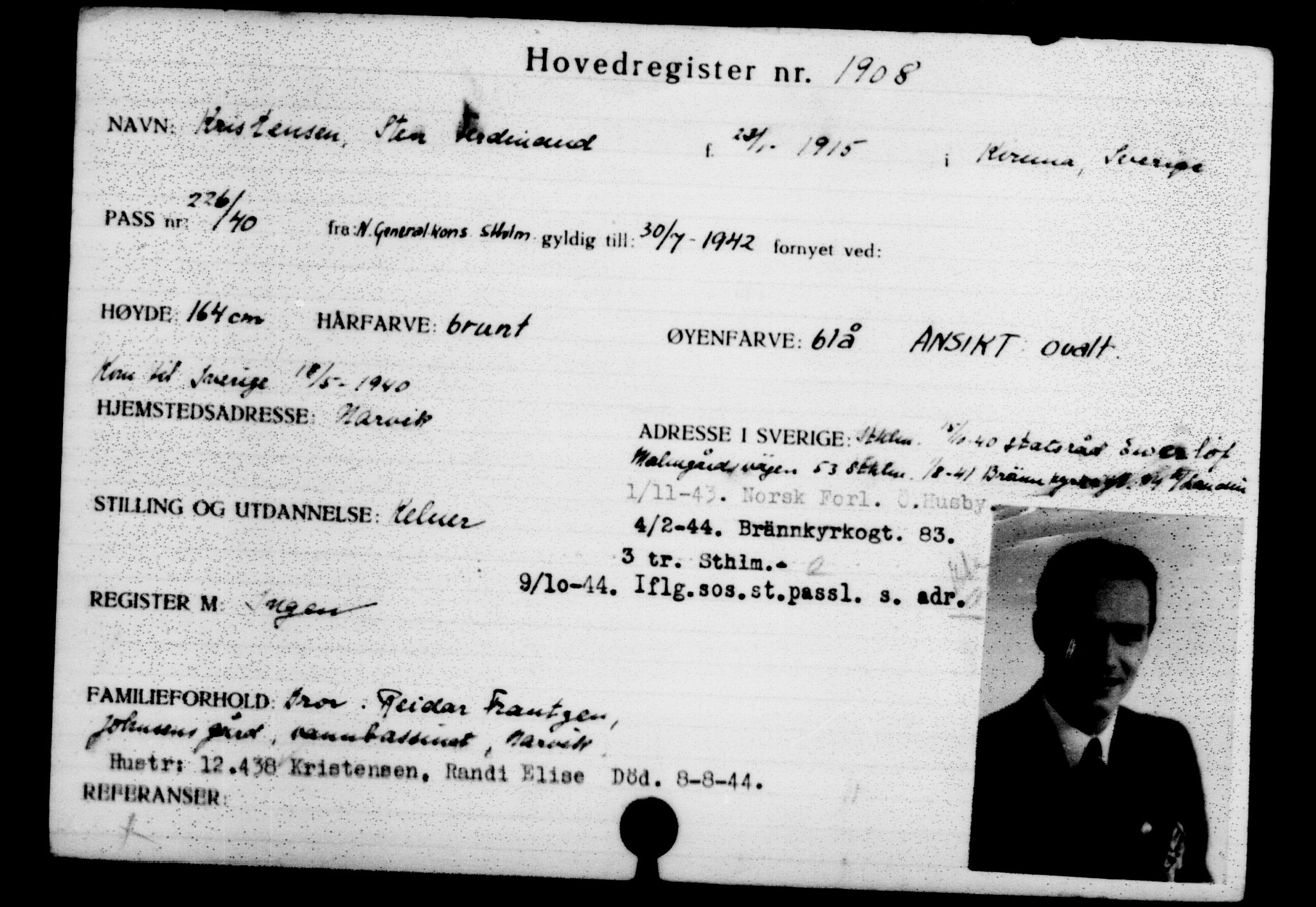Utenriksstasjonene, Legasjonen i Stockholm, Flyktningkontoret, AV/RA-S-6753/V/Va/L0002: Kjesäterkartoteket, flyktninger med registreringsnr. 1001-2000, 1940-1945, s. 1293