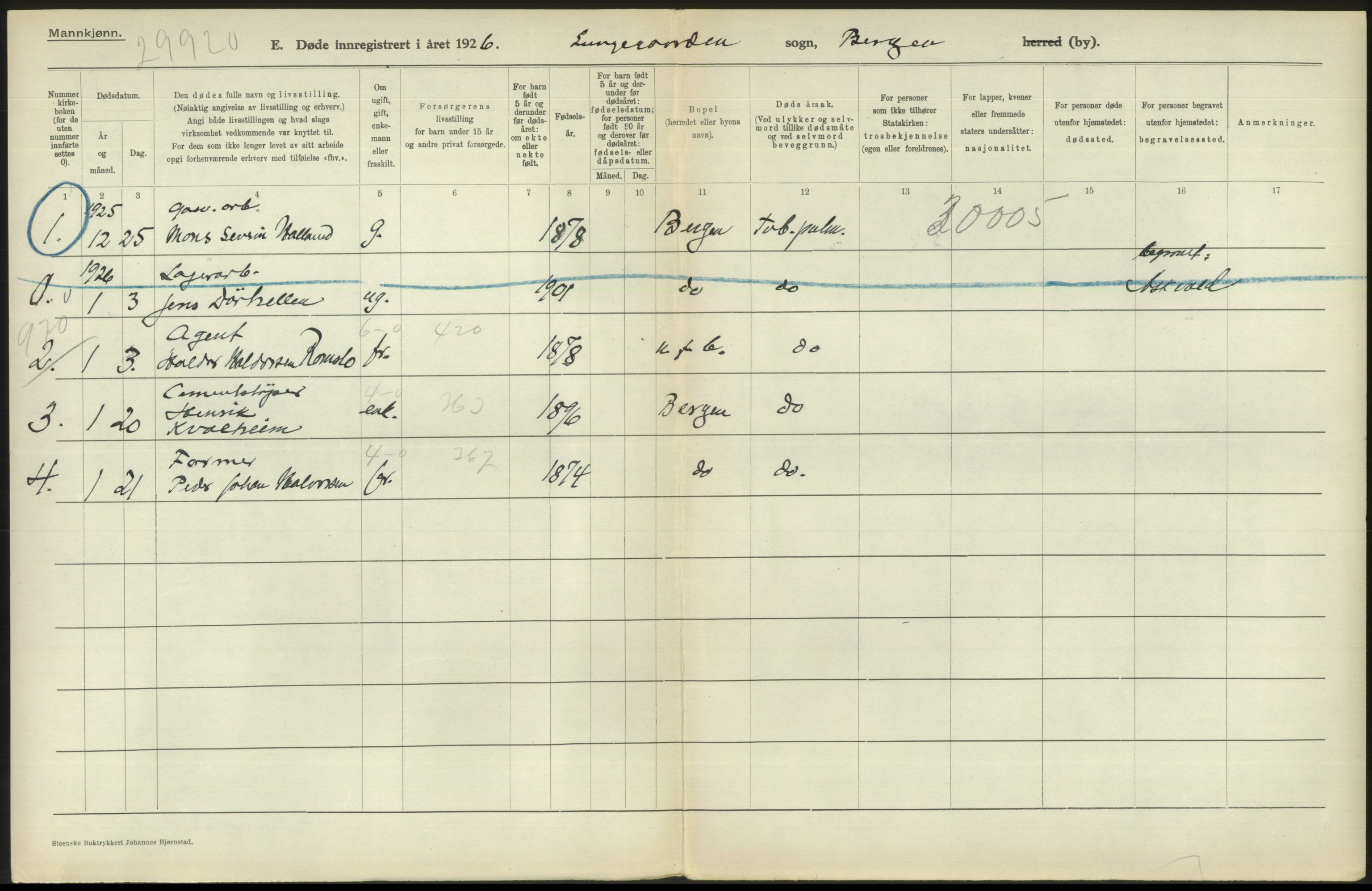 Statistisk sentralbyrå, Sosiodemografiske emner, Befolkning, RA/S-2228/D/Df/Dfc/Dfcf/L0028: Bergen: Gifte, døde, dødfødte., 1926, s. 764