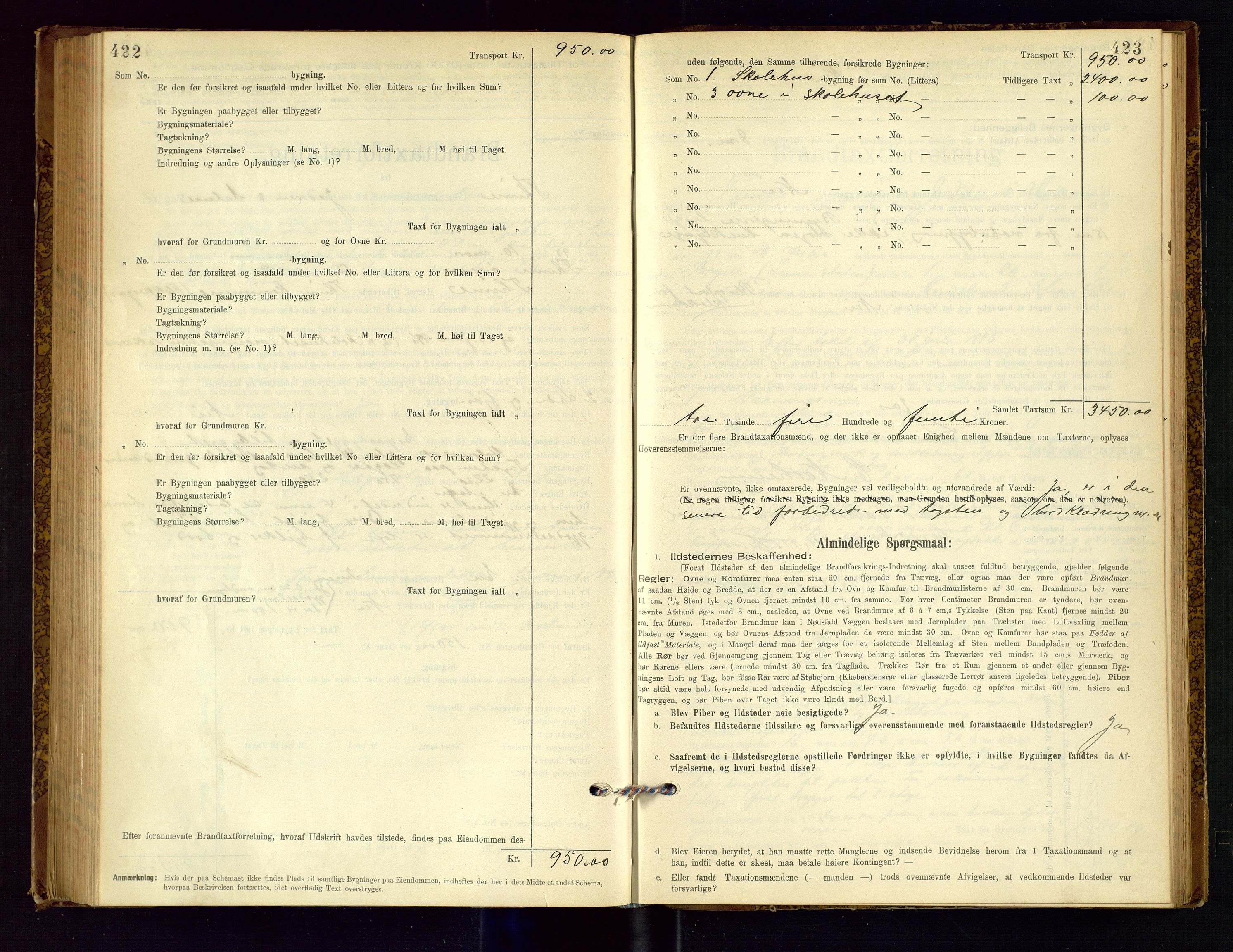 Time lensmannskontor, AV/SAST-A-100420/Gob/L0001: Branntakstprotokoll, 1896-1914, s. 422-423