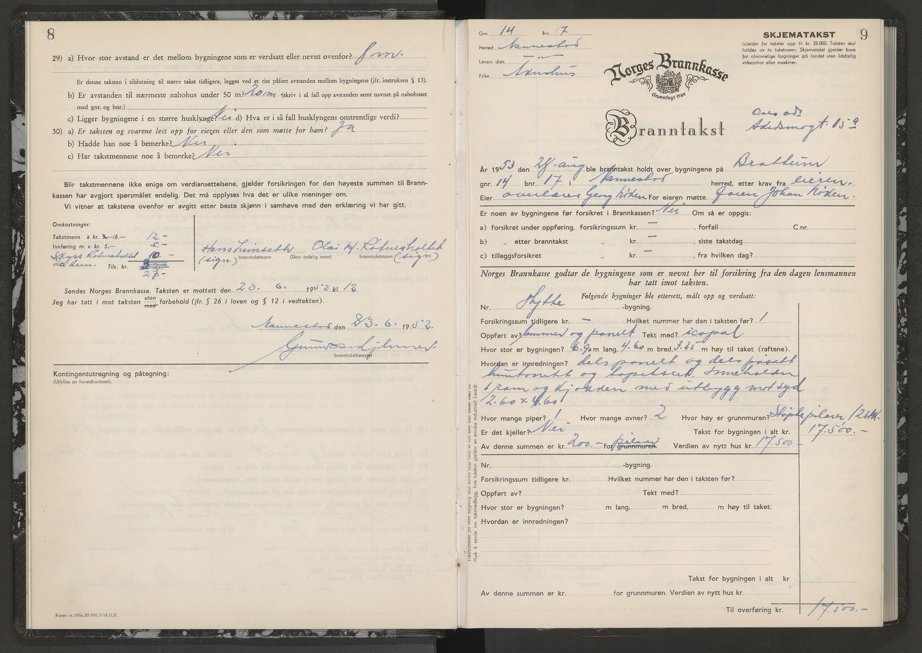 Norges brannkasse, branntakster Nannestad, AV/SAO-A-11391/F/Fb/L0001: Branntakstprotokoll II, 1951-1956