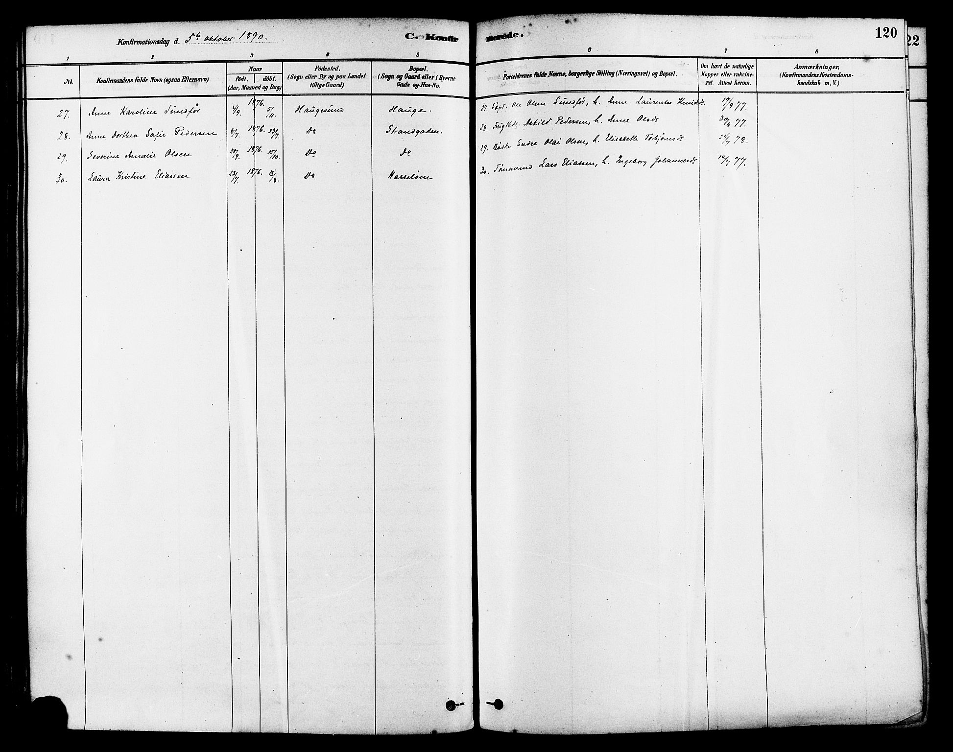 Haugesund sokneprestkontor, AV/SAST-A -101863/H/Ha/Haa/L0003: Ministerialbok nr. A 3, 1885-1890, s. 120