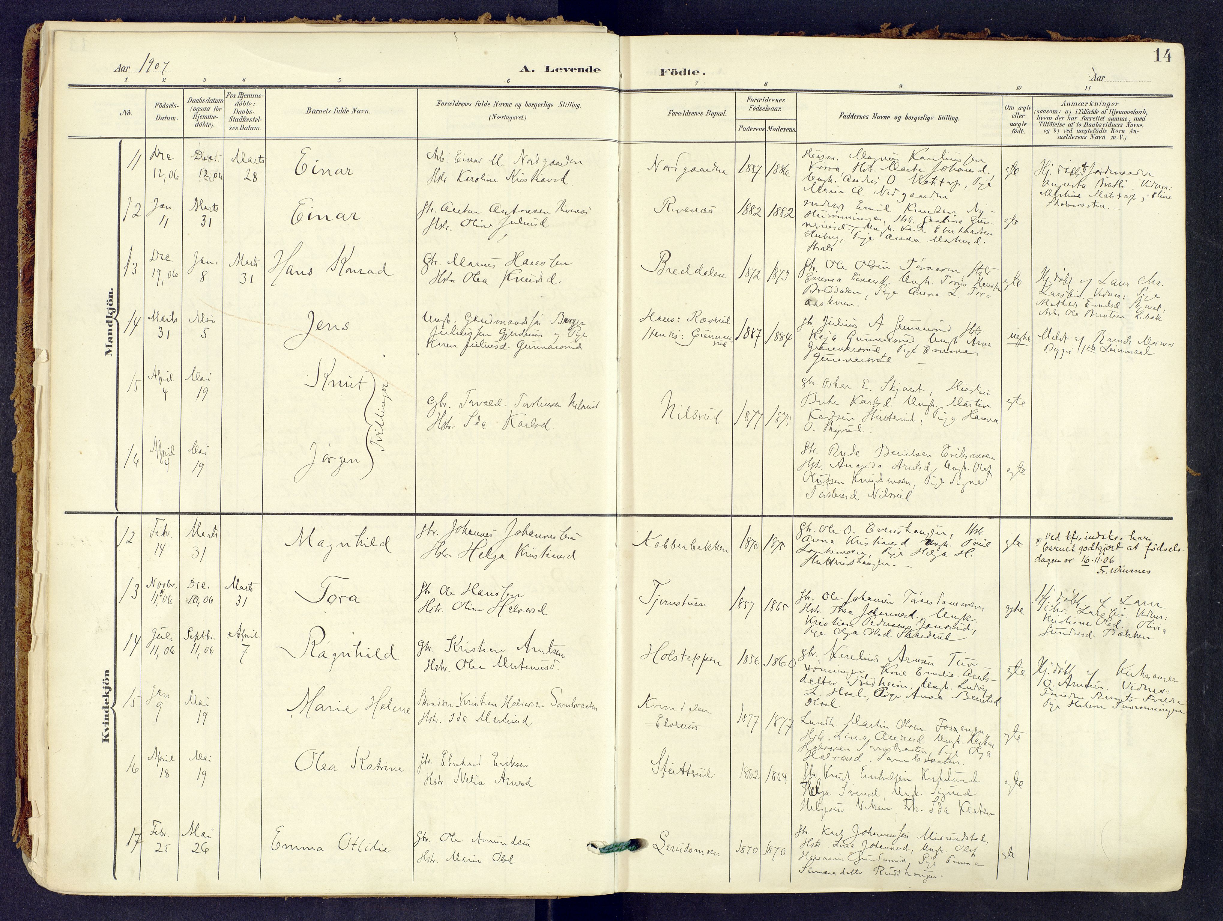 Våler prestekontor, Hedmark, AV/SAH-PREST-040/H/Ha/Haa/L0008: Ministerialbok nr. 8, 1905-1921, s. 14