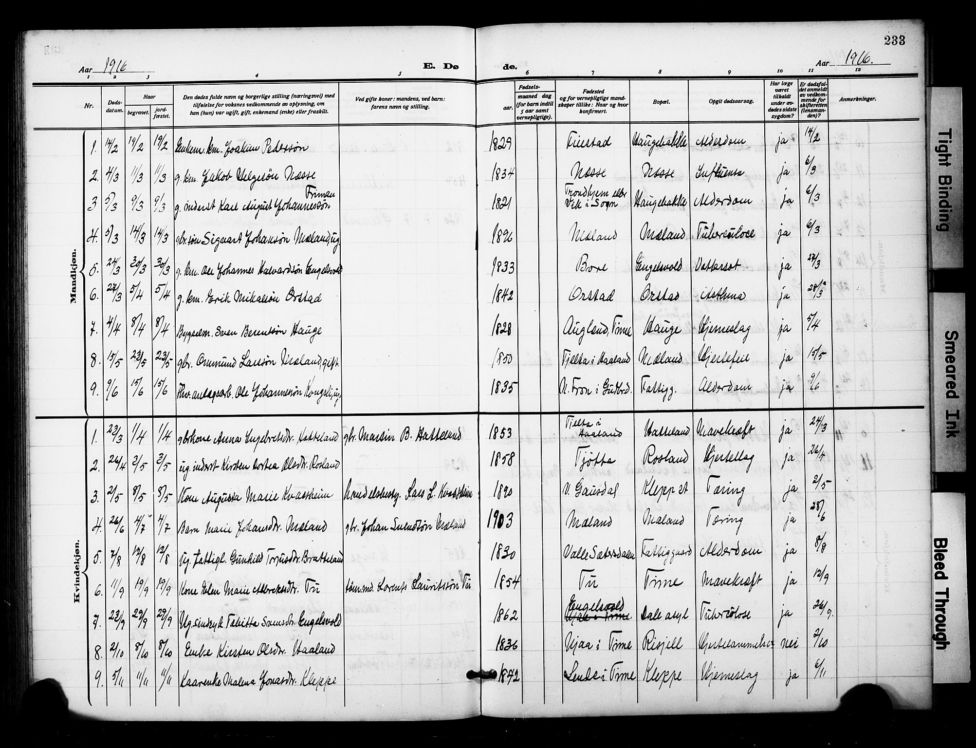 Klepp sokneprestkontor, AV/SAST-A-101803/001/3/30BB/L0007: Klokkerbok nr. B 7, 1908-1934, s. 233