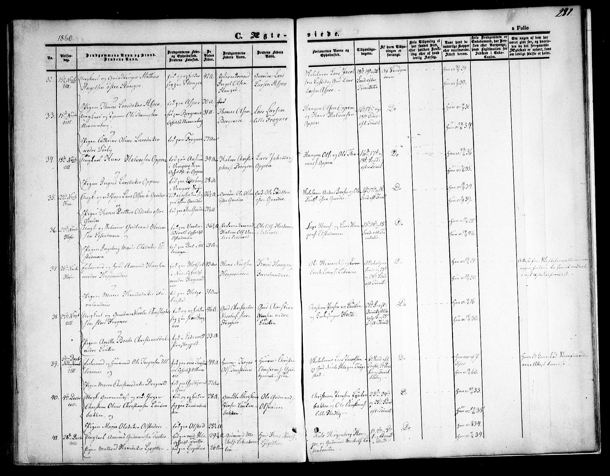 Ullensaker prestekontor Kirkebøker, AV/SAO-A-10236a/F/Fa/L0015.a: Ministerialbok nr. I 15A, 1851-1862, s. 281