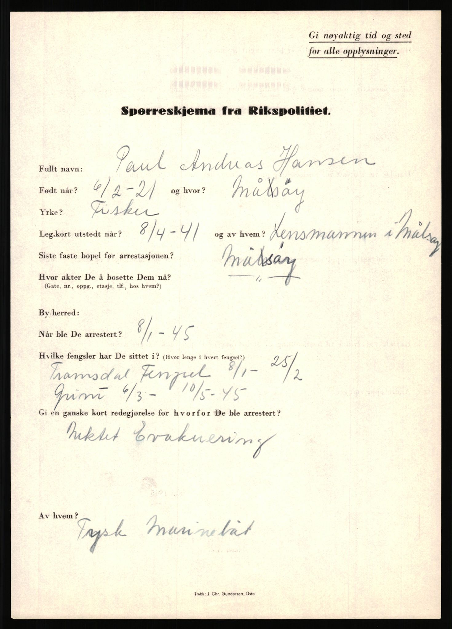 Rikspolitisjefen, AV/RA-S-1560/L/L0006: Hansen, Adolf Boye - Hemstad, Gunnar, 1940-1945, s. 430