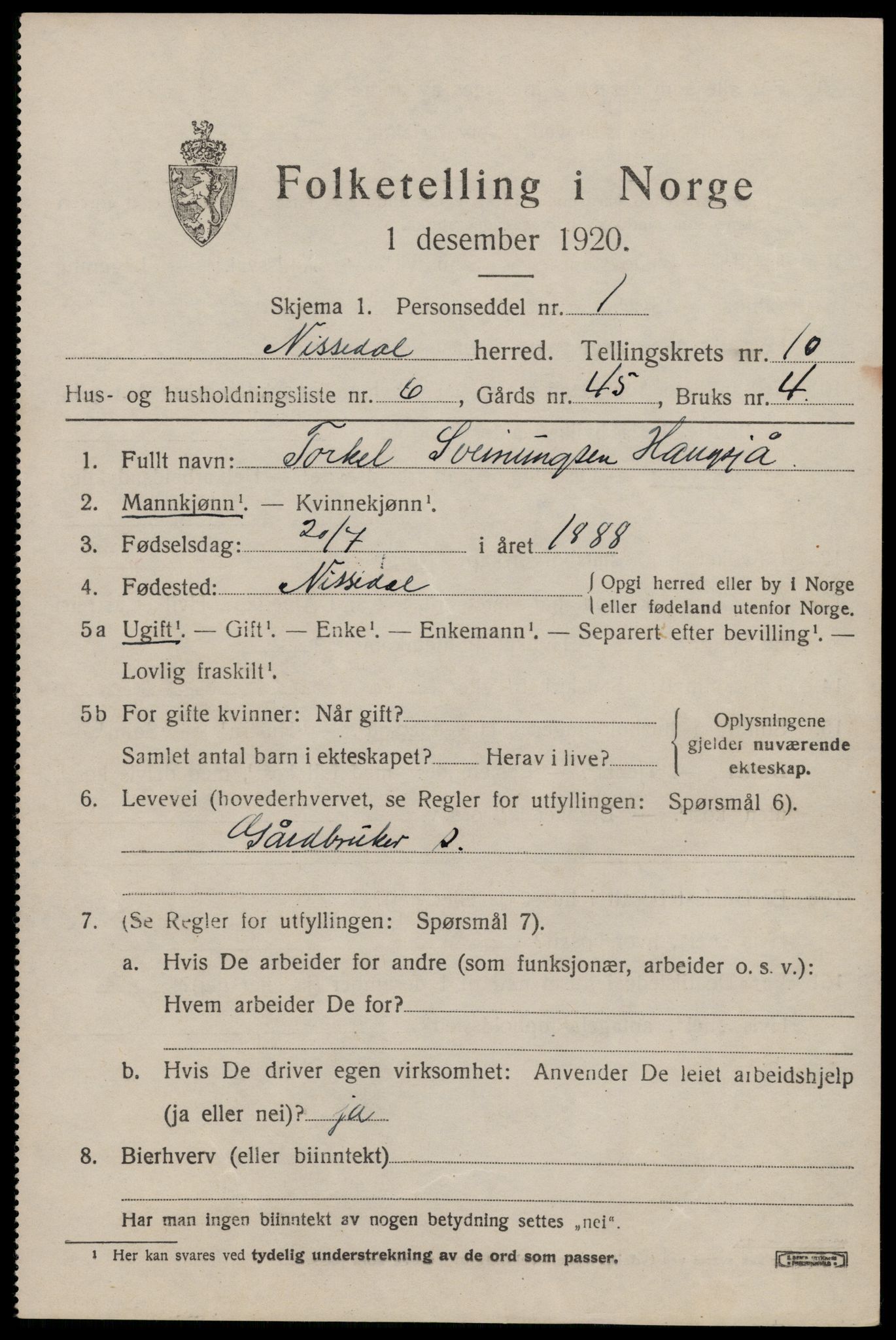 SAKO, Folketelling 1920 for 0830 Nissedal herred, 1920, s. 3925