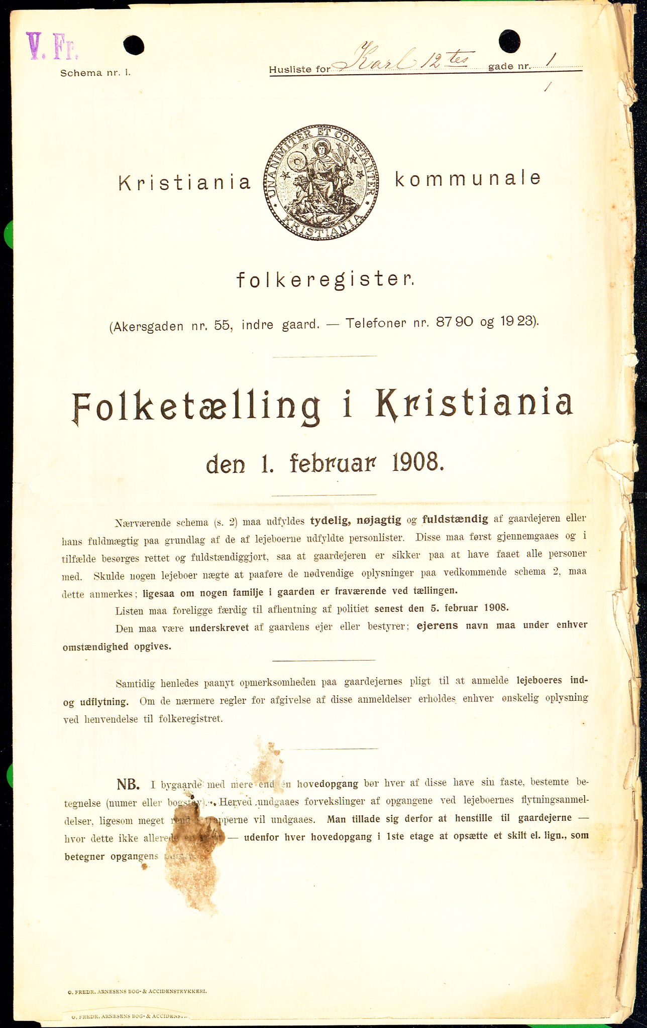 OBA, Kommunal folketelling 1.2.1908 for Kristiania kjøpstad, 1908, s. 43019