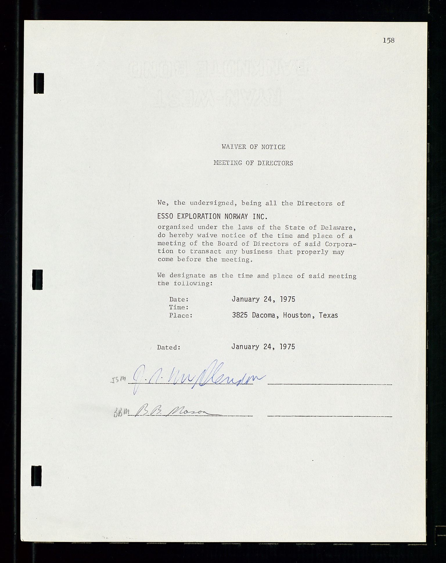 Pa 1512 - Esso Exploration and Production Norway Inc., AV/SAST-A-101917/A/Aa/L0001/0001: Styredokumenter / Corporate records, By-Laws, Board meeting minutes, Incorporations, 1965-1975, s. 158