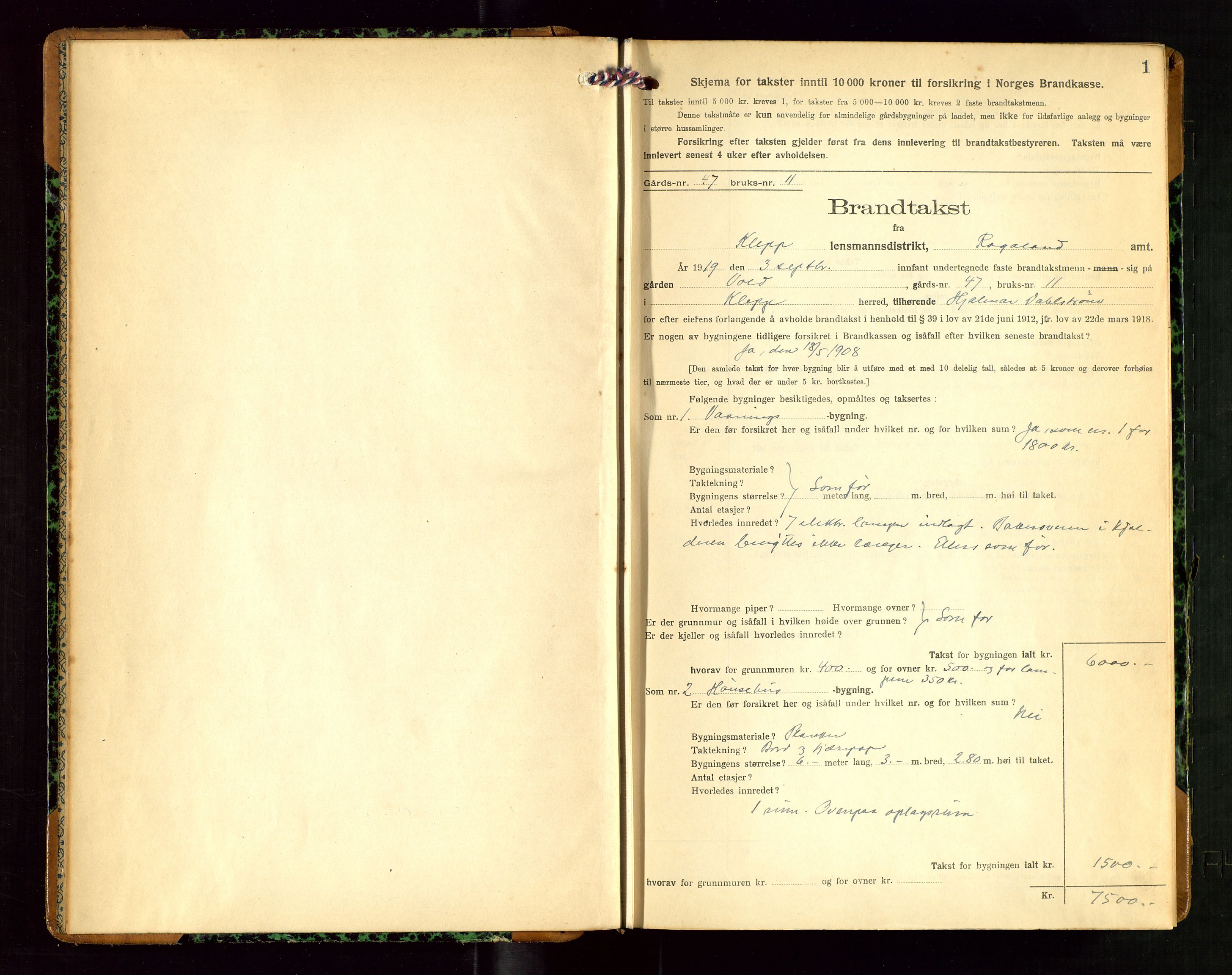 Klepp lensmannskontor, SAST/A-100163/Goc/L0010: "Brandtakstprotokoll" m/register, 1919-1924, s. 1