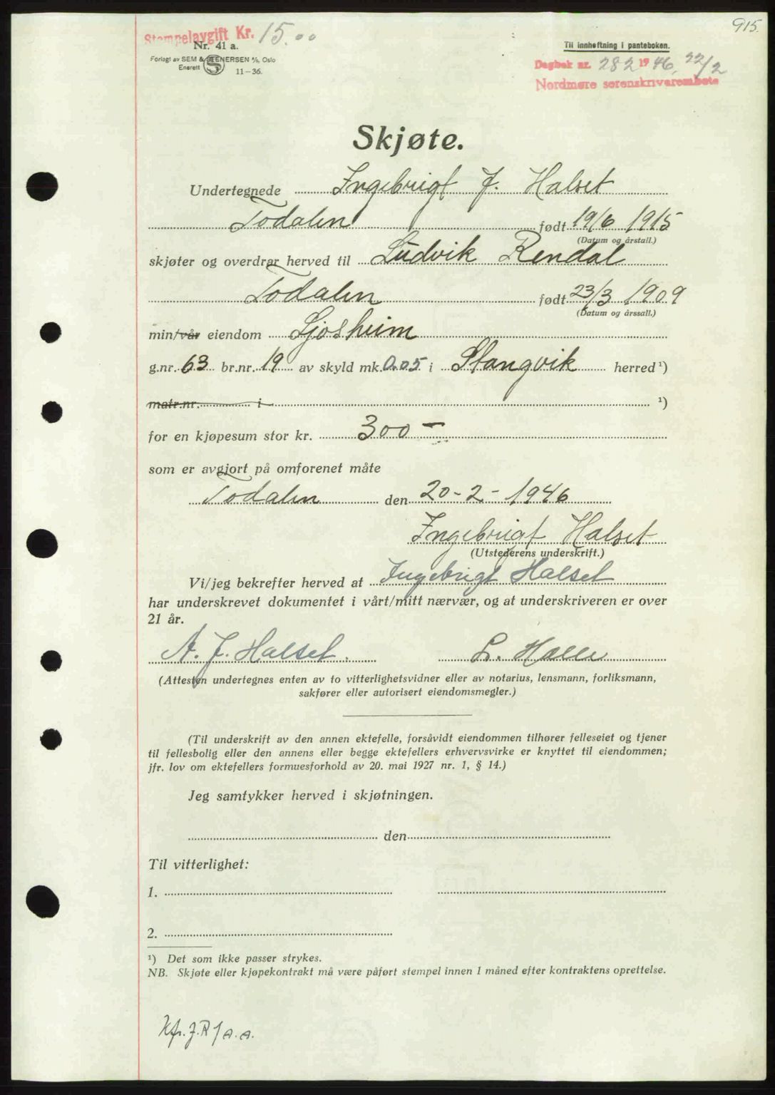 Nordmøre sorenskriveri, AV/SAT-A-4132/1/2/2Ca: Pantebok nr. A100b, 1946-1946, Dagboknr: 282/1946