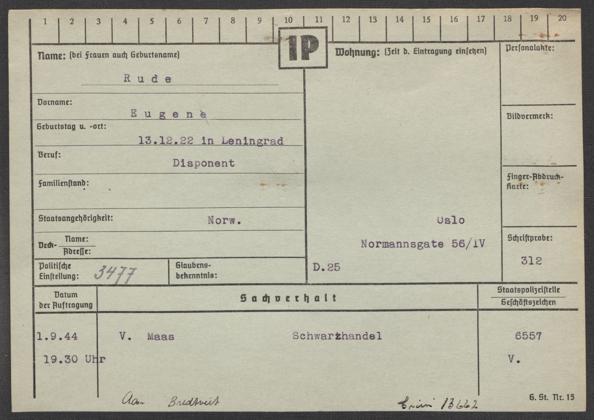 Befehlshaber der Sicherheitspolizei und des SD, RA/RAFA-5969/E/Ea/Eaa/L0009: Register over norske fanger i Møllergata 19: Ru-Sy, 1940-1945, s. 6
