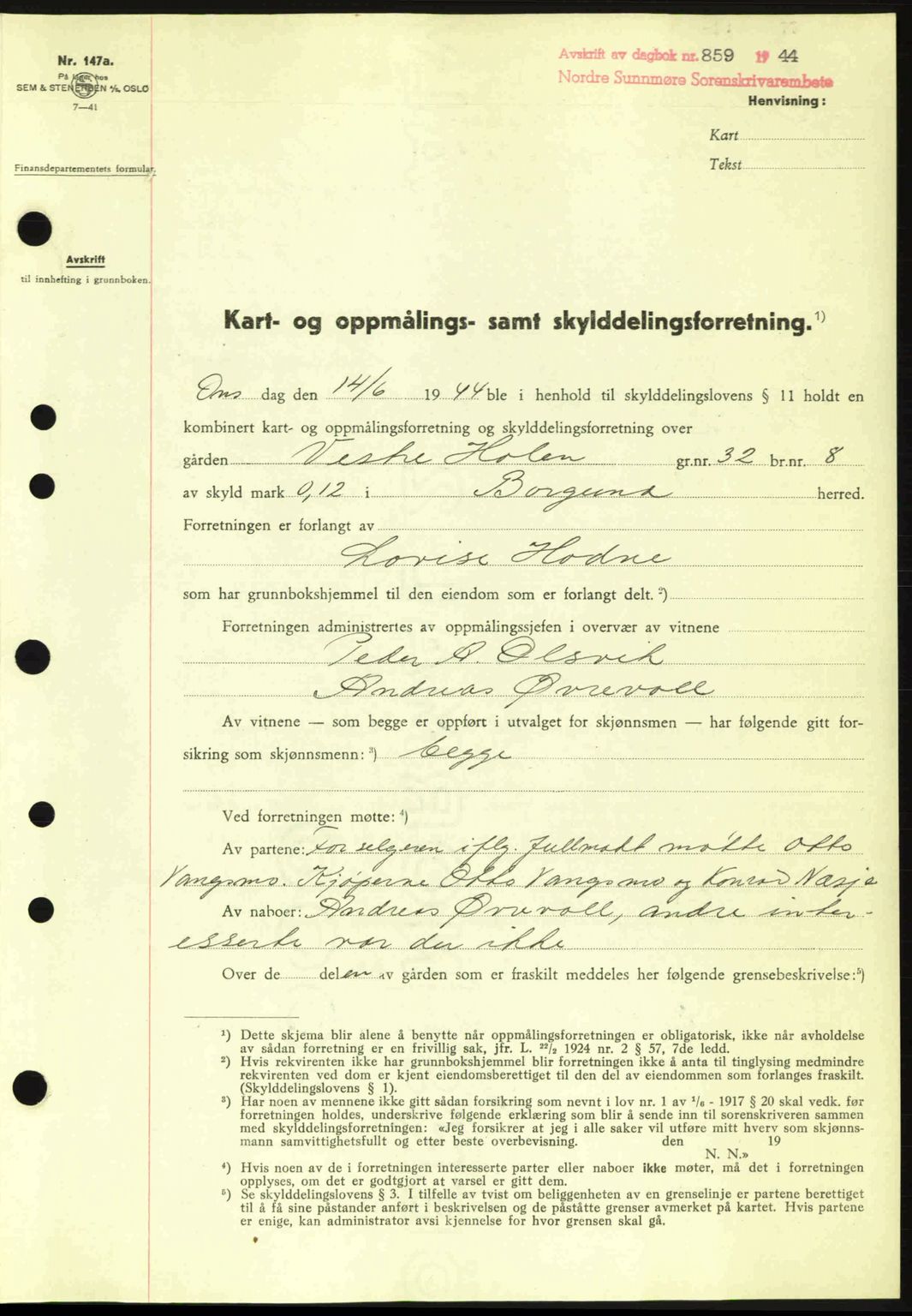 Nordre Sunnmøre sorenskriveri, SAT/A-0006/1/2/2C/2Ca: Pantebok nr. A18, 1944-1944, Dagboknr: 859/1944