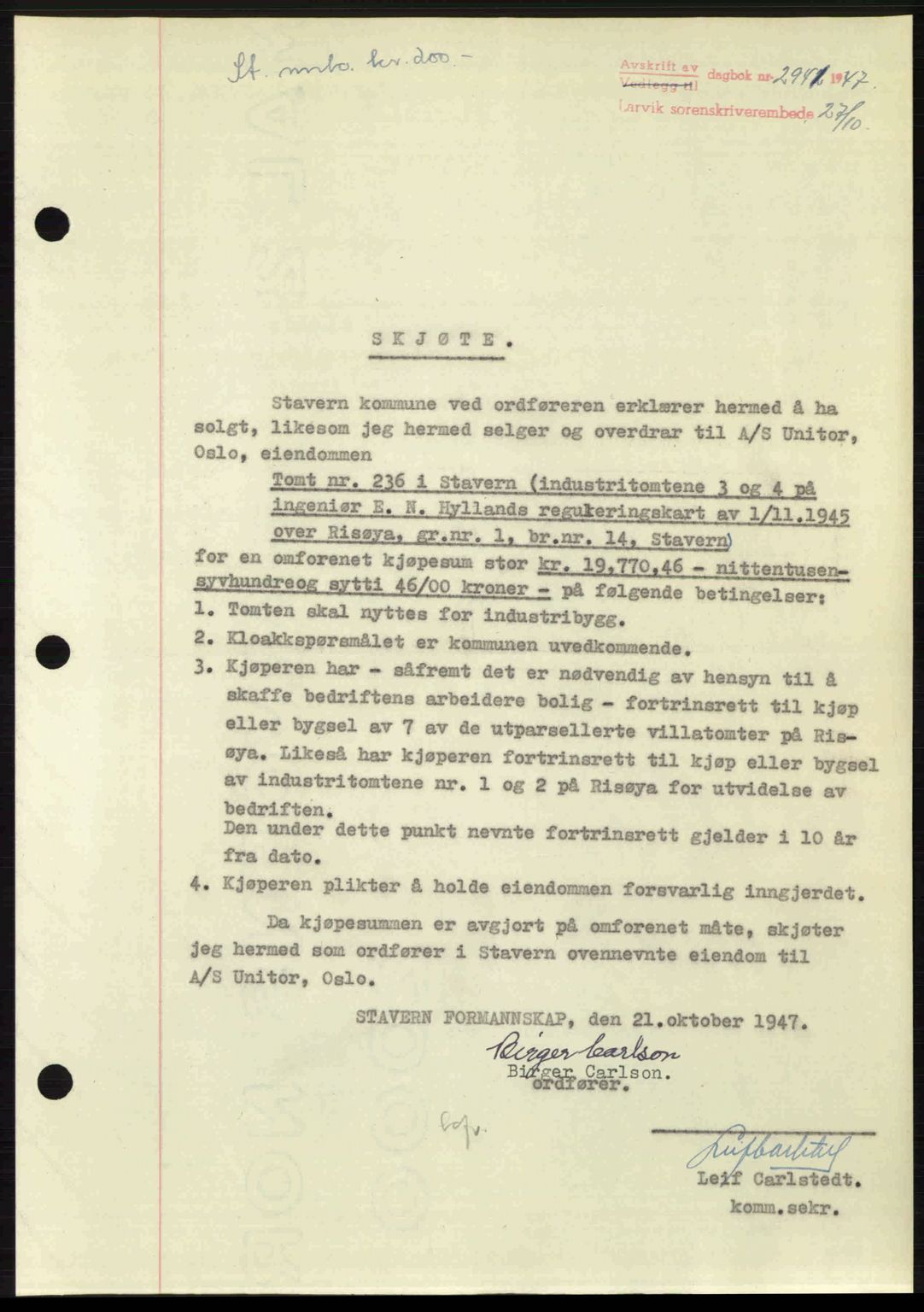 Larvik sorenskriveri, SAKO/A-83/G/Ga/Gab/L0085: Pantebok nr. A-19, 1947-1948, Dagboknr: 2941/1947