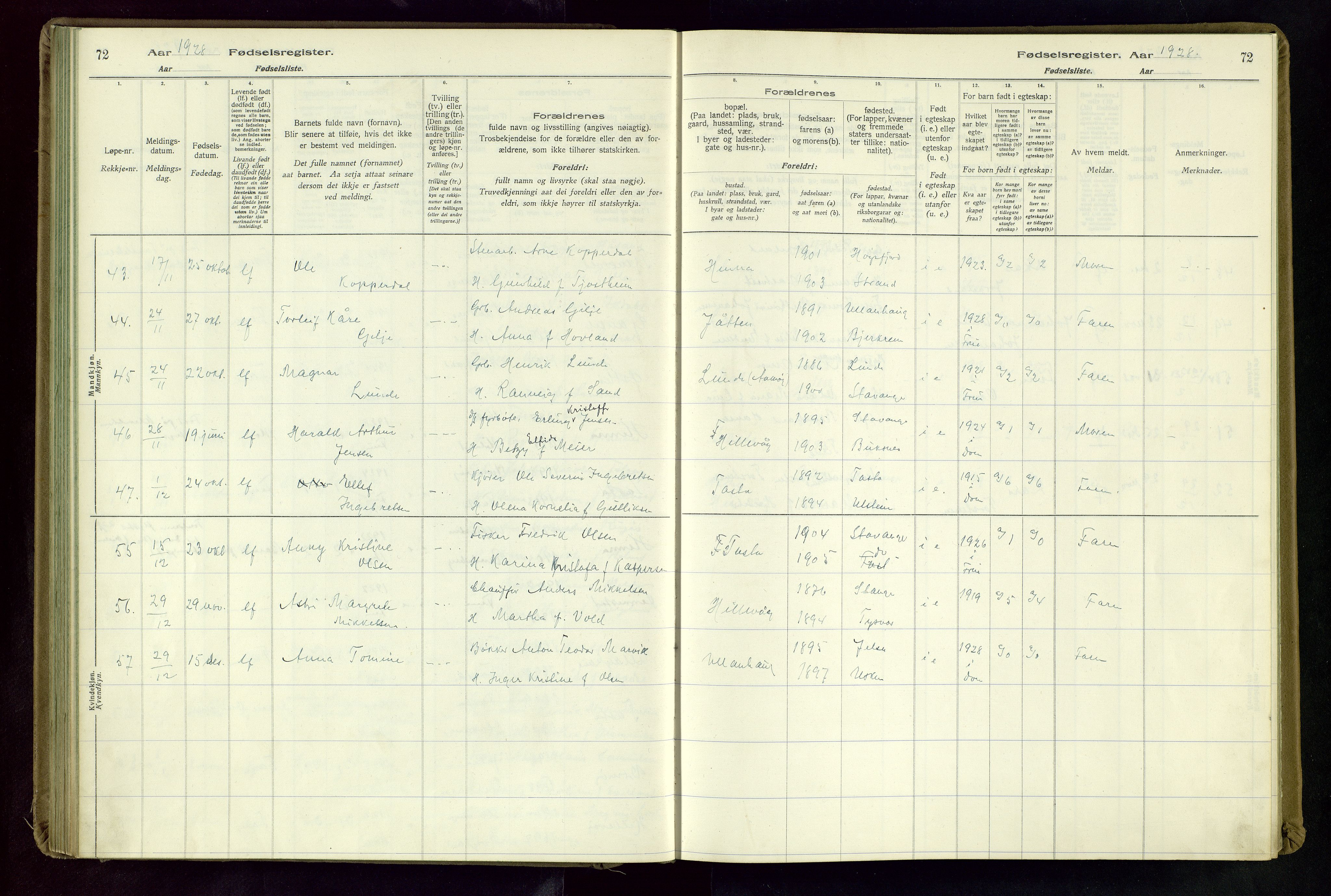 Hetland sokneprestkontor, AV/SAST-A-101826/70/704BA/L0004: Fødselsregister nr. 4, 1923-1937, s. 72