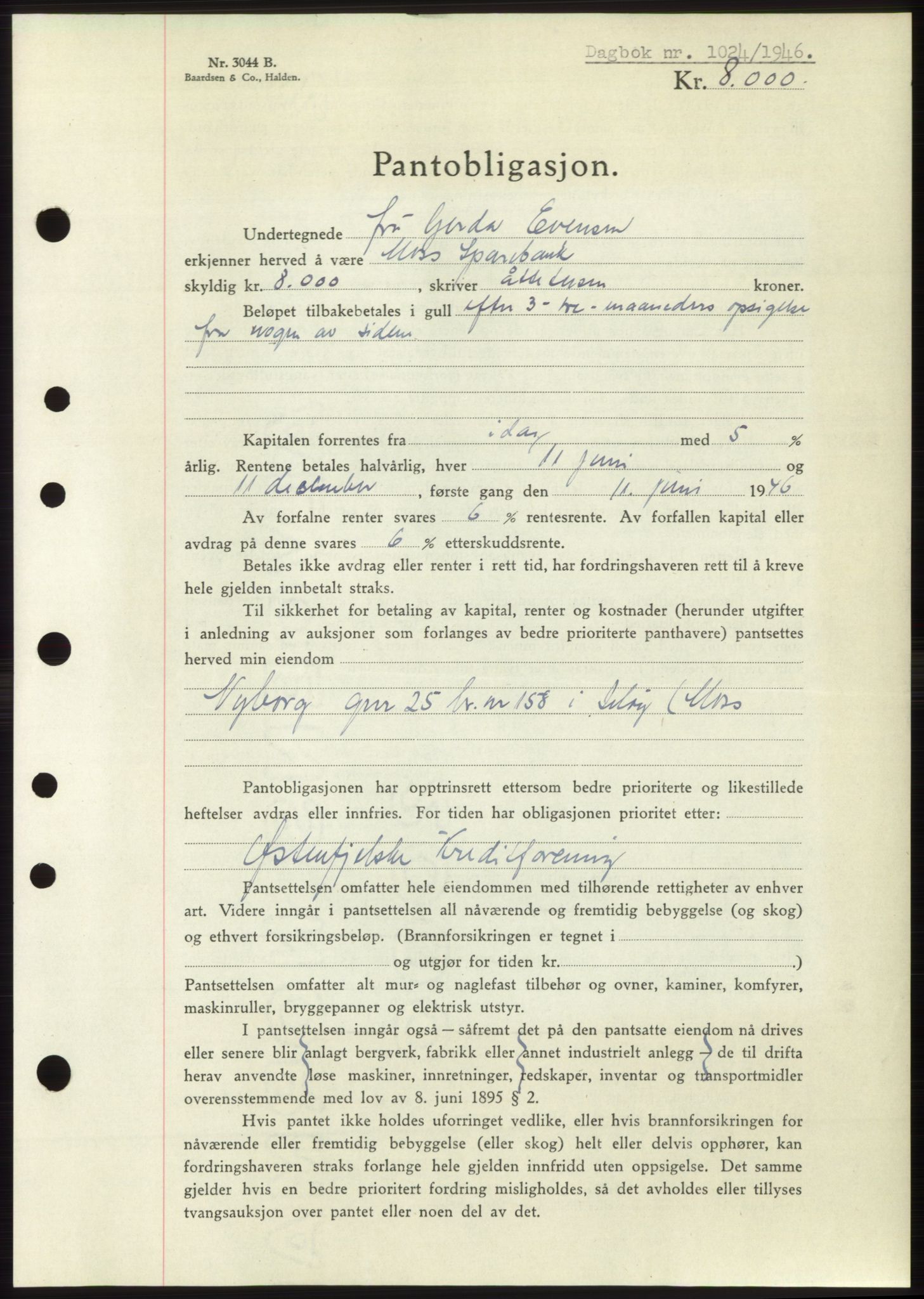 Moss sorenskriveri, SAO/A-10168: Pantebok nr. B15, 1946-1946, Dagboknr: 1024/1946