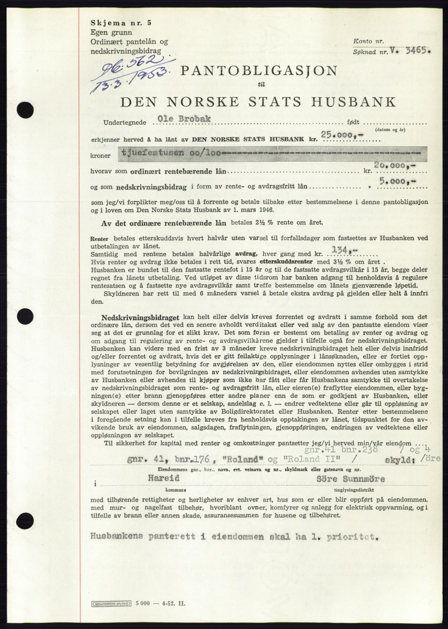 Søre Sunnmøre sorenskriveri, SAT/A-4122/1/2/2C/L0123: Pantebok nr. 11B, 1953-1953, Dagboknr: 562/1953
