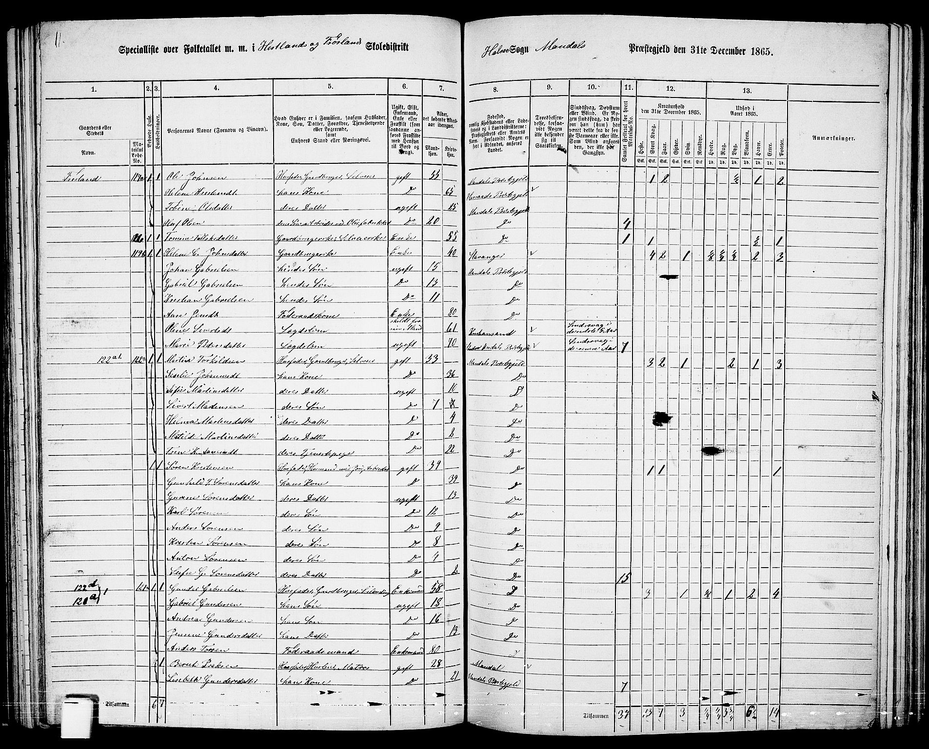 RA, Folketelling 1865 for 1019L Mandal prestegjeld, Halse sokn og Harkmark sokn, 1865, s. 73