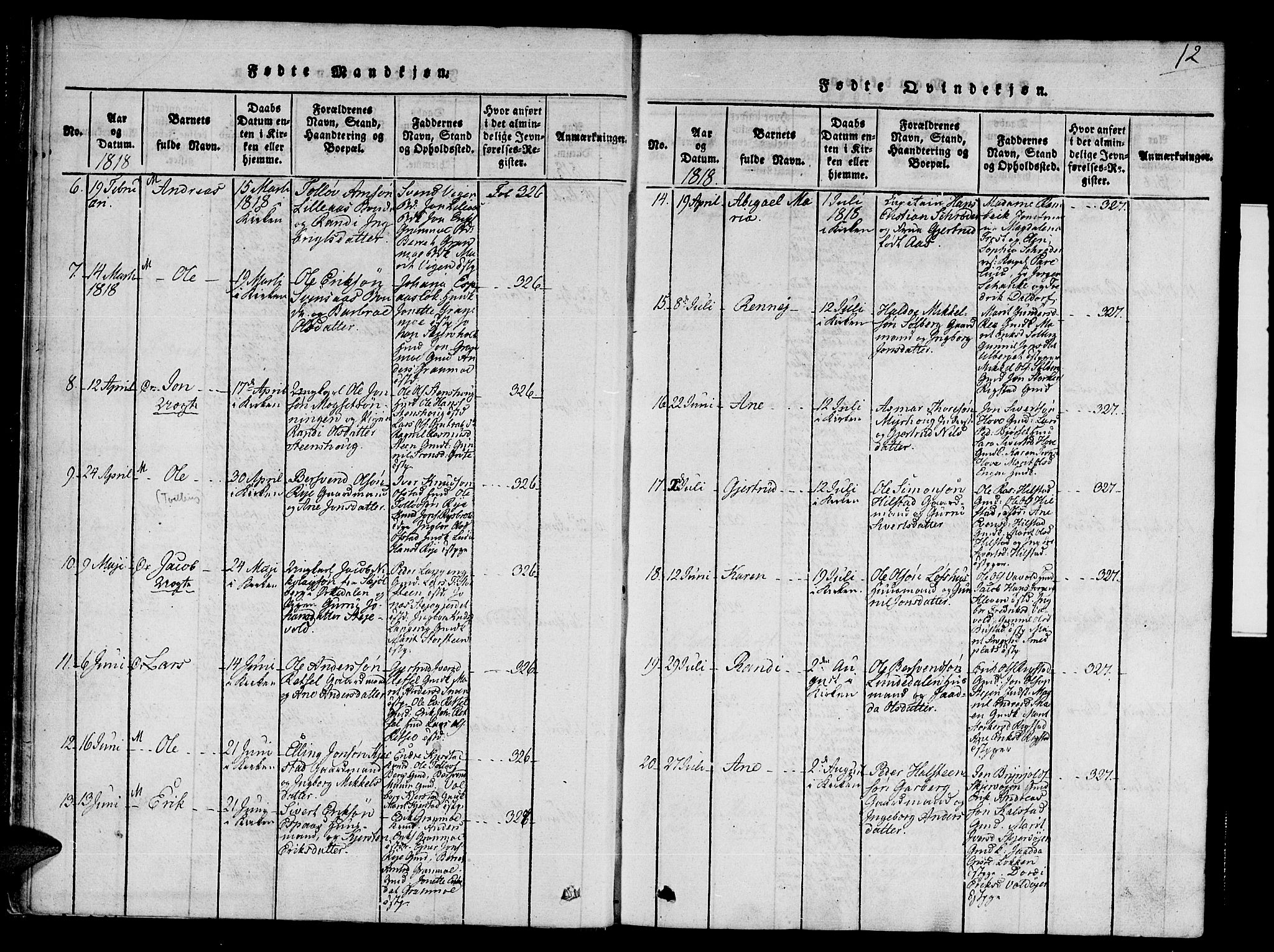 Ministerialprotokoller, klokkerbøker og fødselsregistre - Sør-Trøndelag, SAT/A-1456/672/L0853: Ministerialbok nr. 672A06 /1, 1816-1829, s. 12