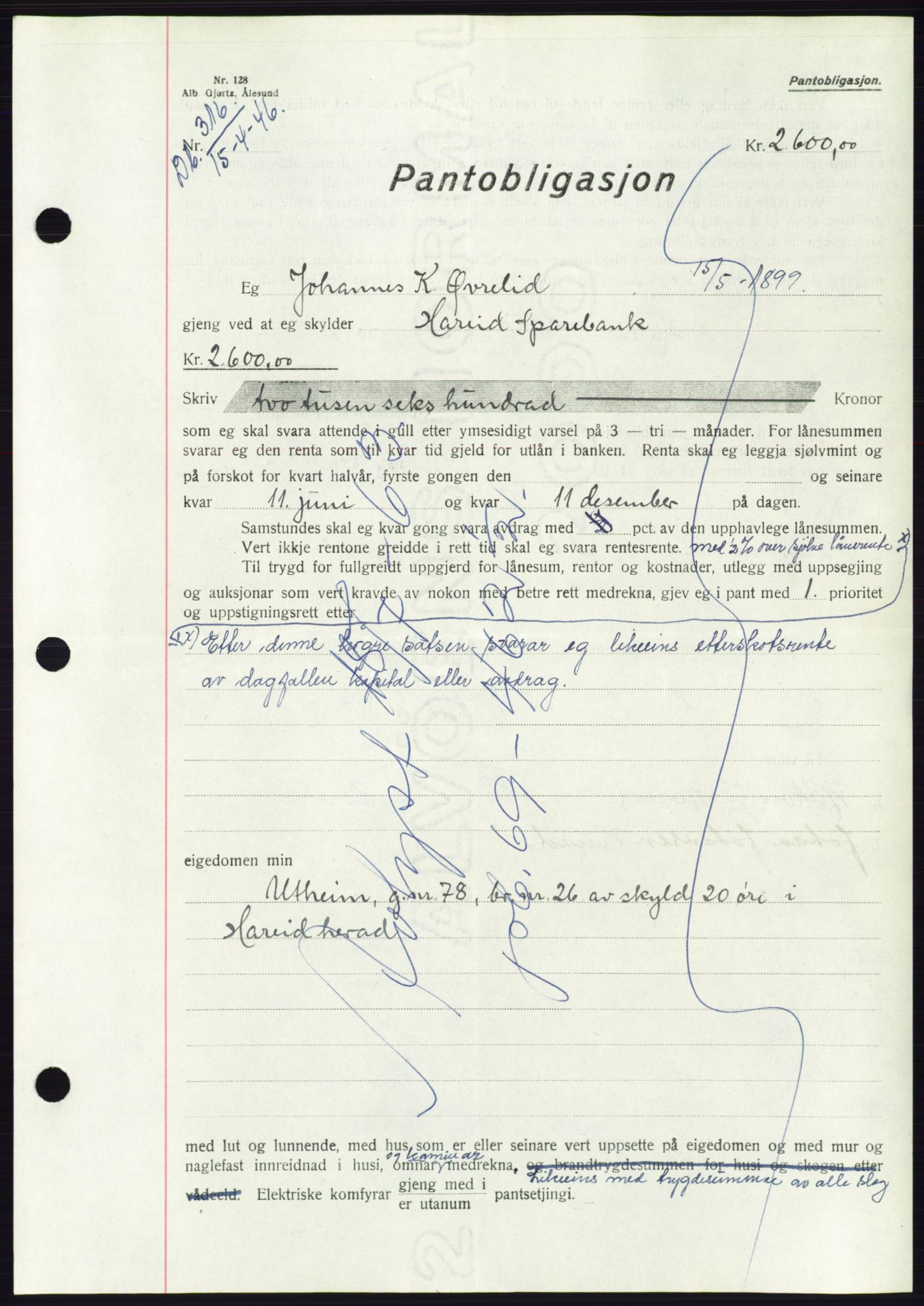 Søre Sunnmøre sorenskriveri, AV/SAT-A-4122/1/2/2C/L0114: Pantebok nr. 1-2B, 1943-1947, Dagboknr: 316/1946