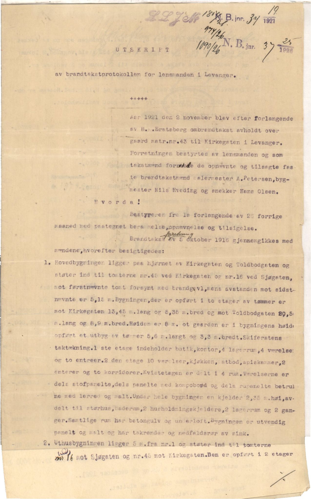 Bård Toldnes samling - lokalia fra Levanger, TIKA/PA-1549/F/L0009: Utskrifter av brandtakstprotokoller m.m., 1894-1922