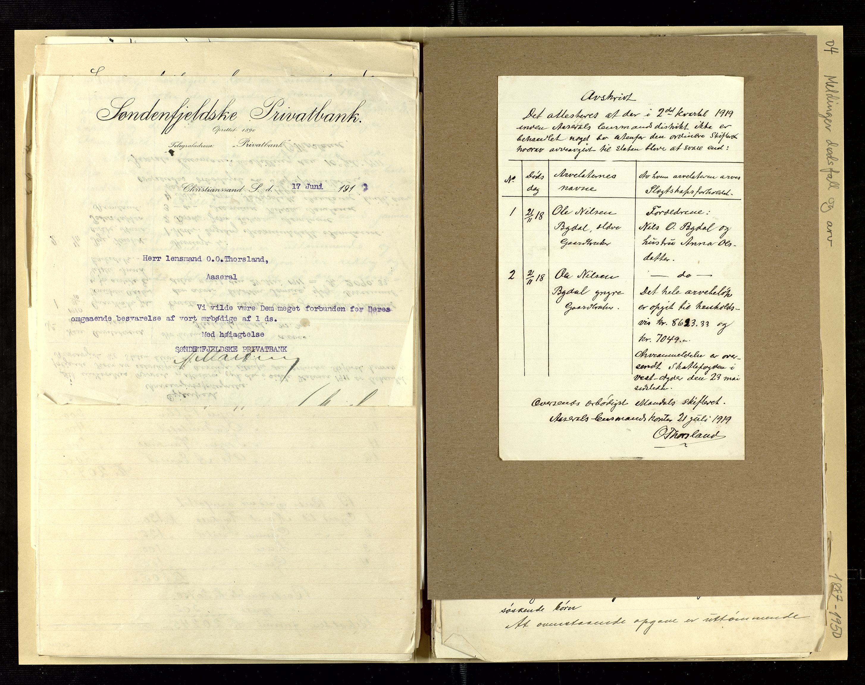 Åseral lensmannskontor, AV/SAK-1241-0055/F/Fe/L0001/0004: Dødsfallsprotokoller / Meldinger om dødsfall og arv, 1887-1950