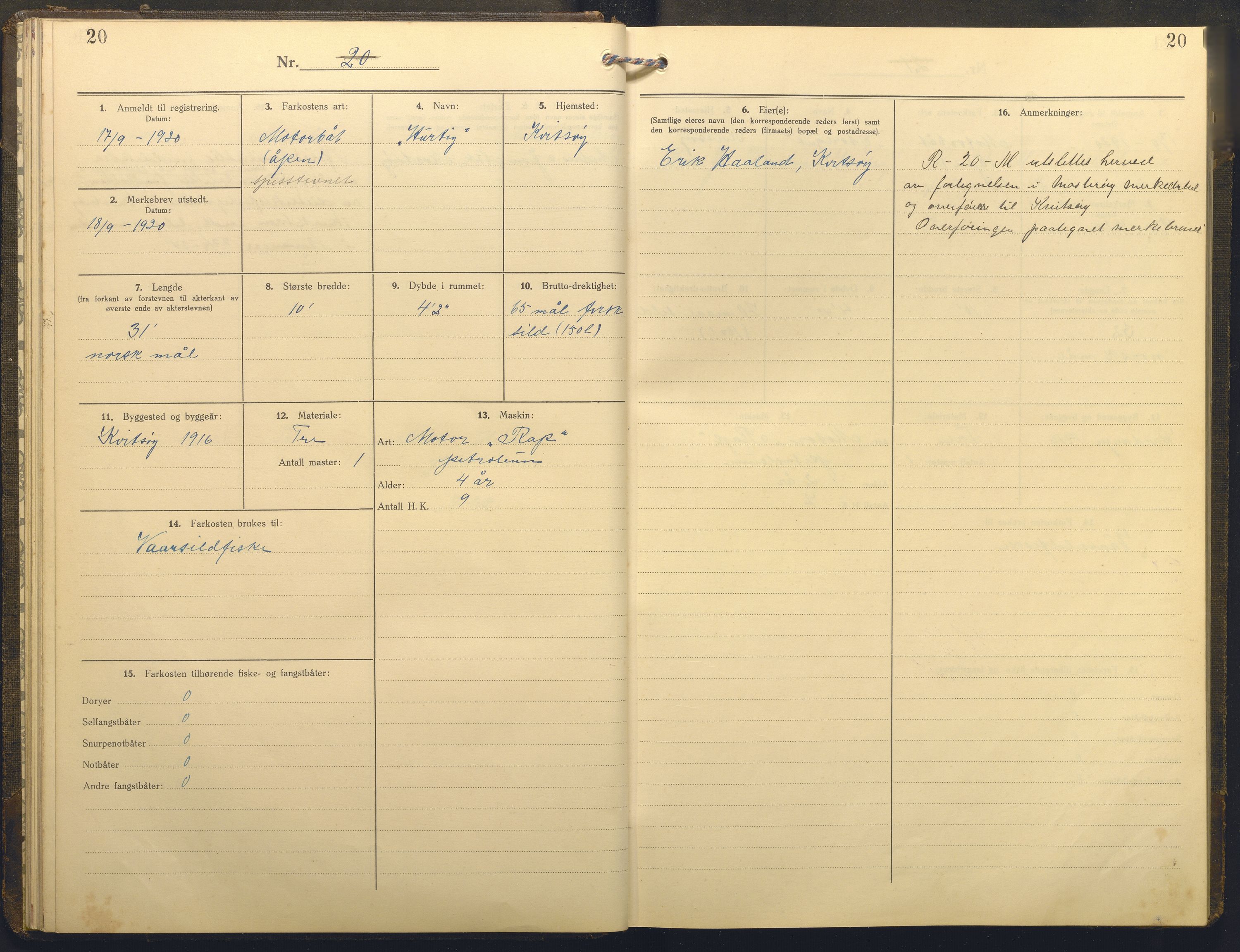 Fiskeridirektoratet - 1 Adm. ledelse - 13 Båtkontoret, AV/SAB-A-2003/I/Ia/Iai/L0069: 135.0925/1 Merkeprotokoll - Mosterøy, 1920-1955