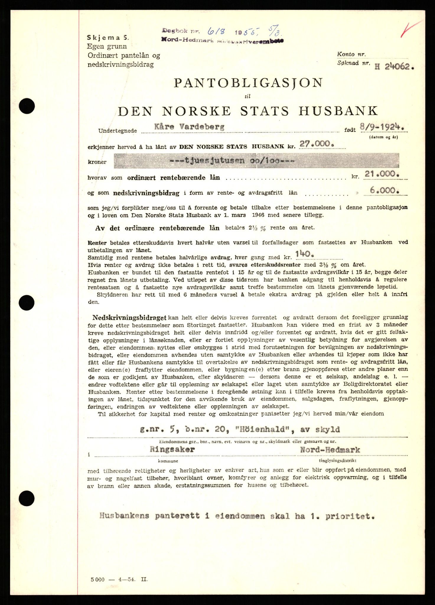 Nord-Hedmark sorenskriveri, SAH/TING-012/H/Hb/Hbf/L0032: Pantebok nr. B32, 1955-1955, Dagboknr: 618/1952