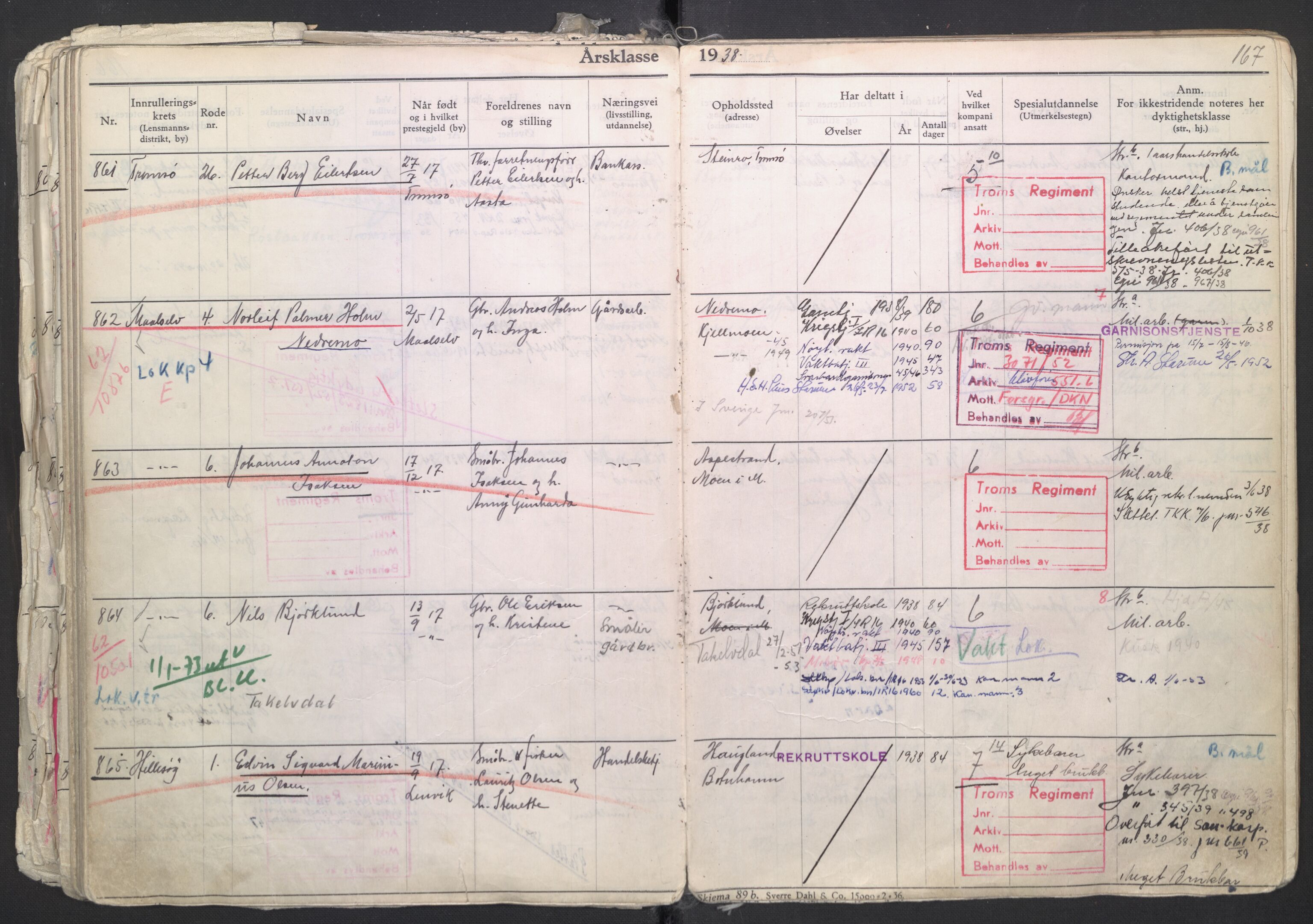 Forsvaret, Troms infanteriregiment nr. 16, AV/RA-RAFA-3146/P/Pa/L0007/0003: Ruller / Rulle for regimentets menige mannskaper, årsklasse 1938, 1938, s. 167