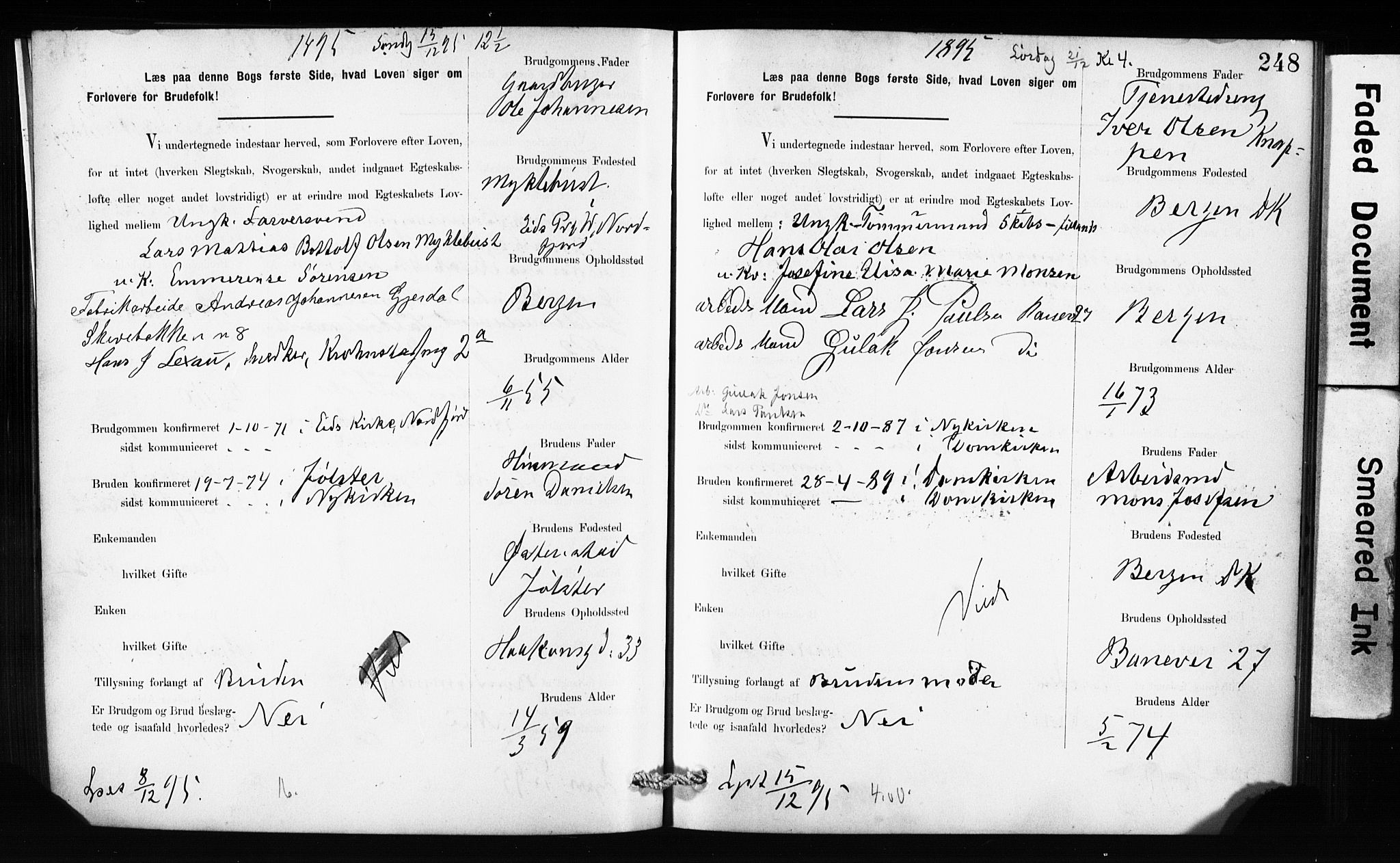 Domkirken sokneprestembete, SAB/A-74801: Forlovererklæringer nr. II.5.10, 1890-1899, s. 248