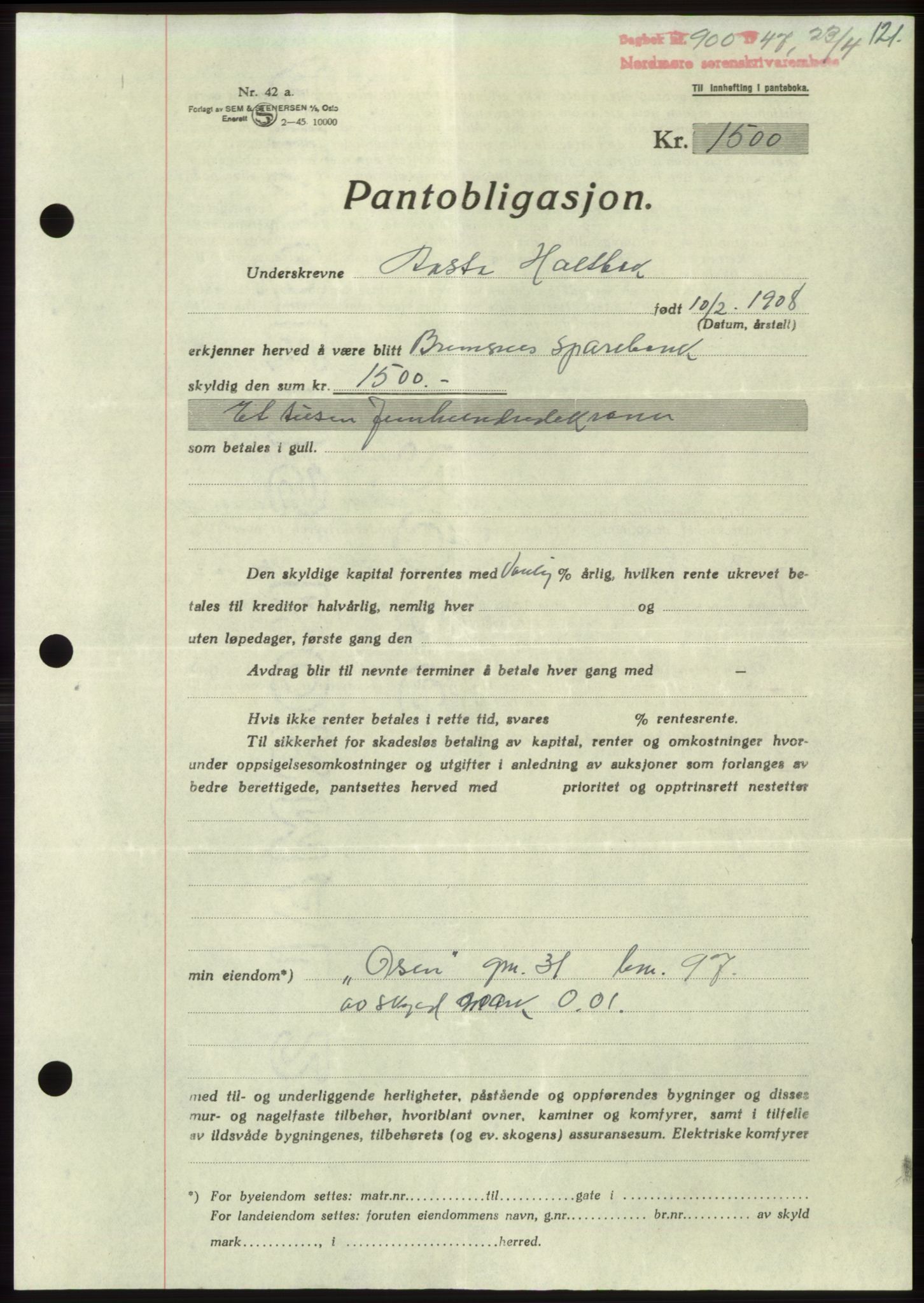 Nordmøre sorenskriveri, SAT/A-4132/1/2/2Ca: Pantebok nr. B96, 1947-1947, Dagboknr: 900/1947