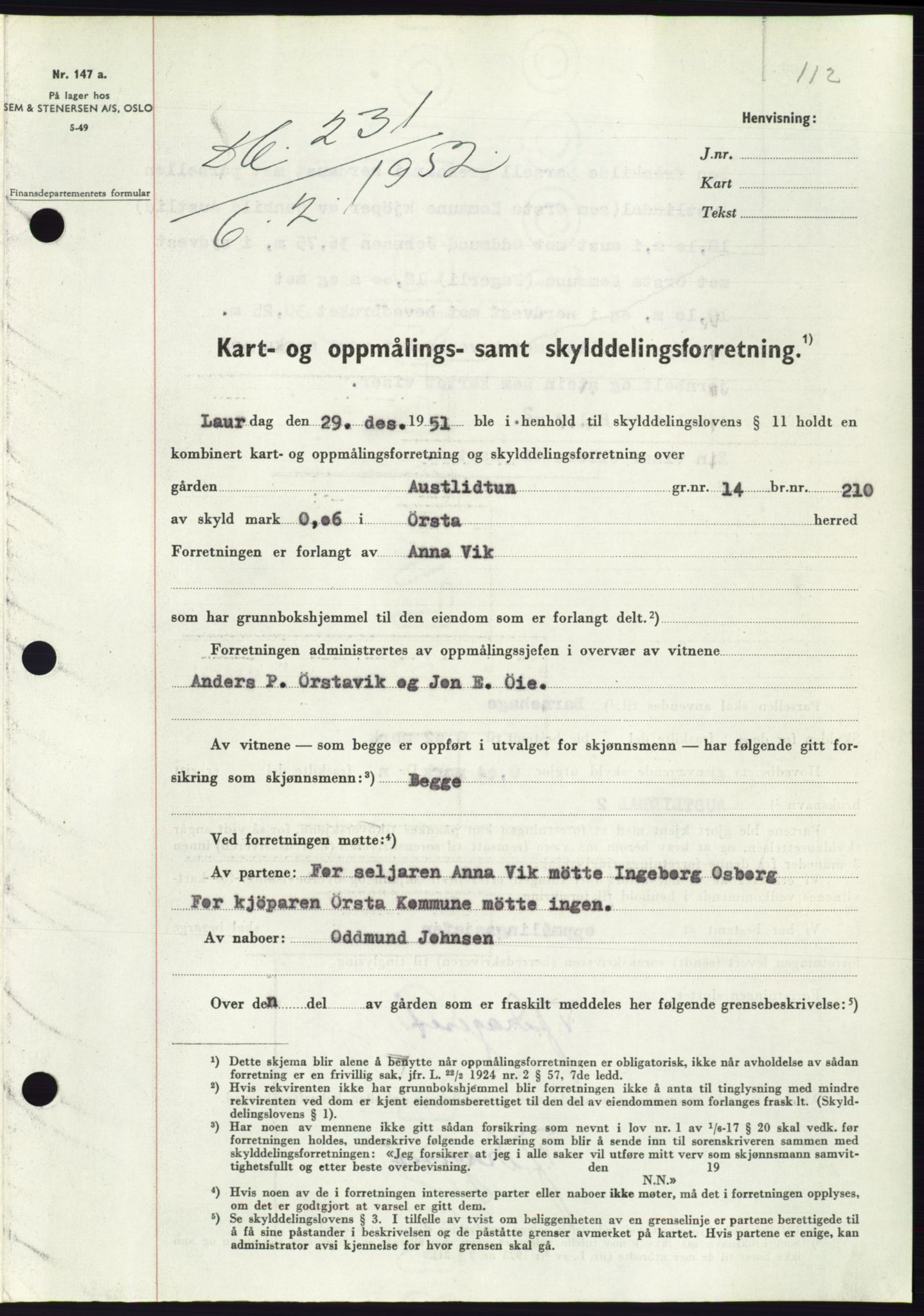 Søre Sunnmøre sorenskriveri, SAT/A-4122/1/2/2C/L0091: Pantebok nr. 17A, 1951-1952, Dagboknr: 231/1952