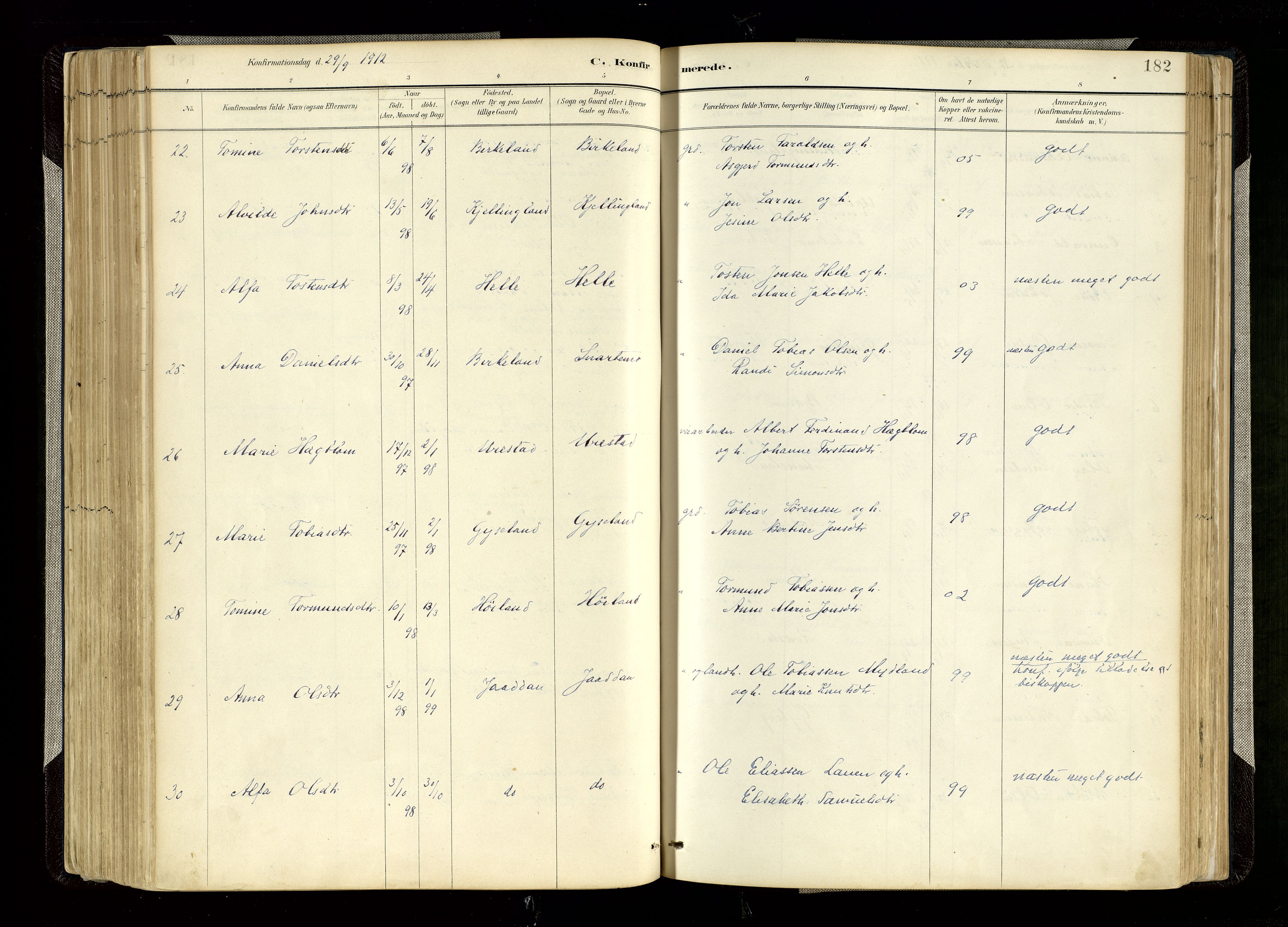 Hægebostad sokneprestkontor, SAK/1111-0024/F/Fa/Faa/L0006: Ministerialbok nr. A 6, 1887-1929, s. 182