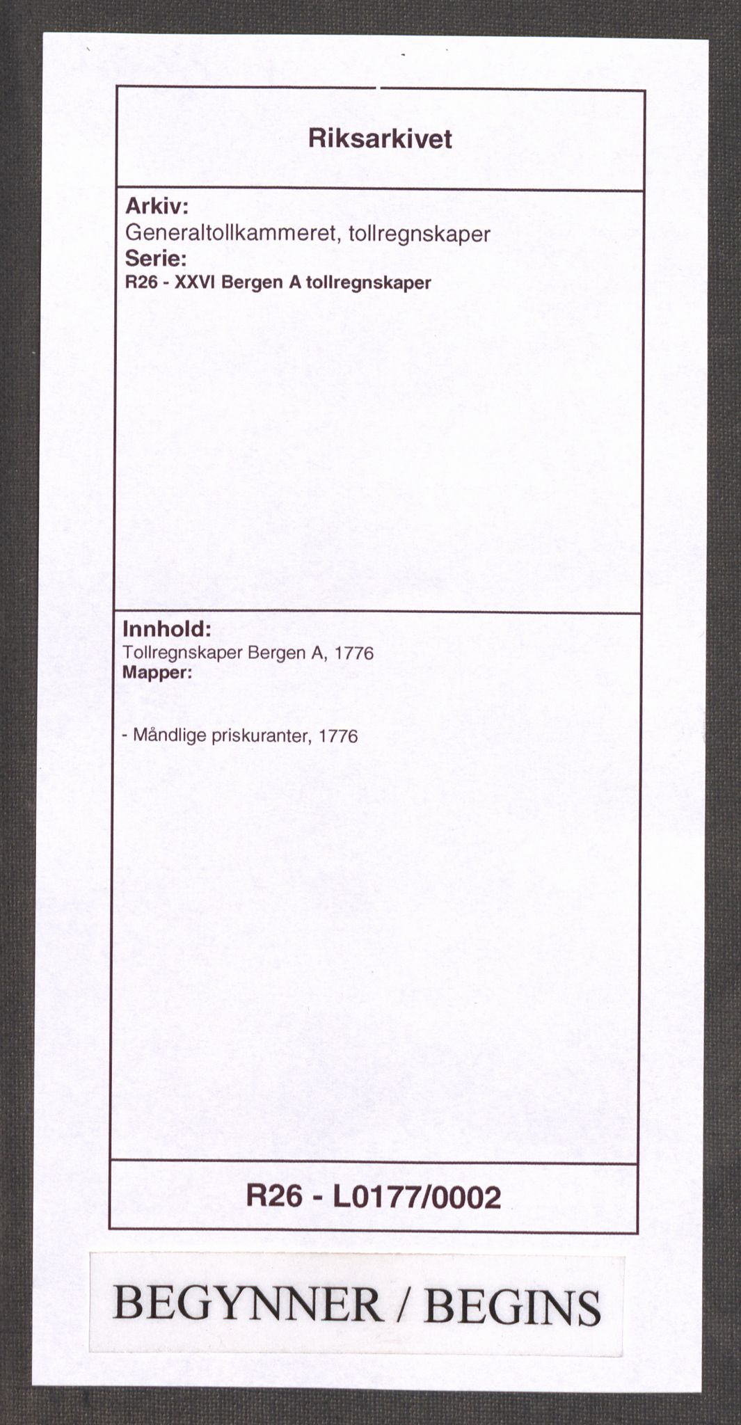 Generaltollkammeret, tollregnskaper, RA/EA-5490/R26/L0177/0002: Tollregnskaper Bergen A / Måndlige priskuranter, 1776