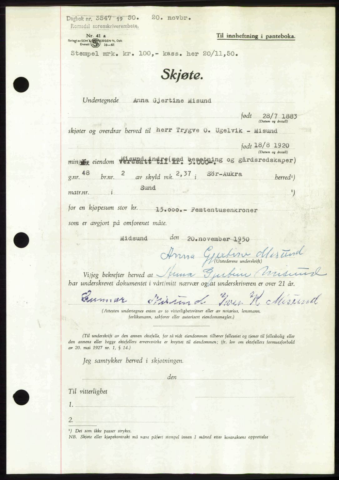 Romsdal sorenskriveri, AV/SAT-A-4149/1/2/2C: Pantebok nr. A34, 1950-1950, Dagboknr: 3547/1950
