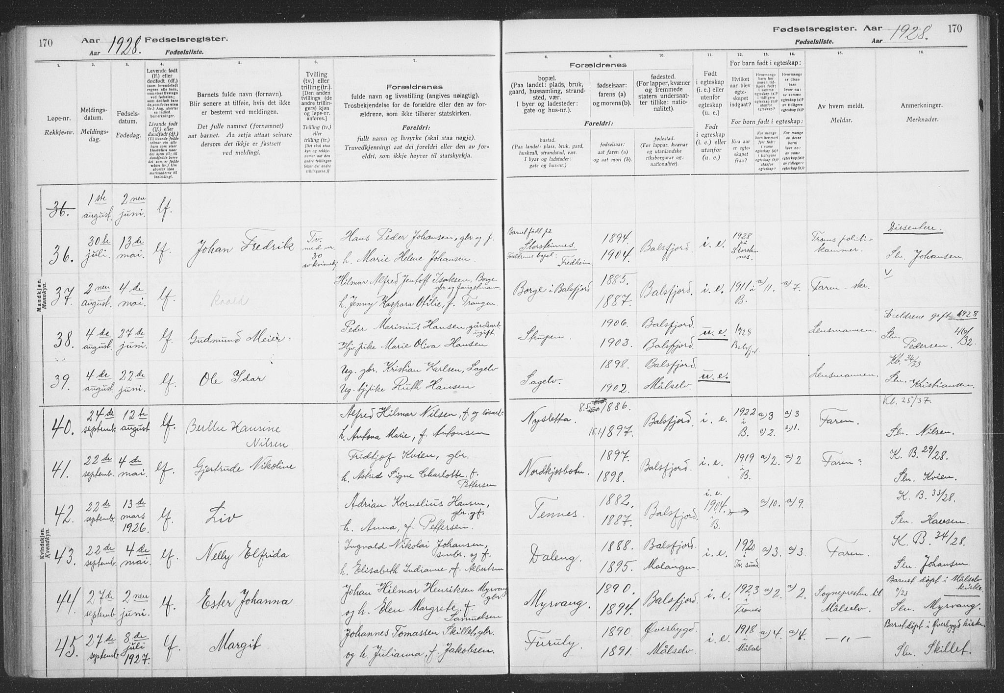 Balsfjord sokneprestembete, AV/SATØ-S-1303/H/Hb/L0059: Fødselsregister nr. 59, 1916-1930, s. 170