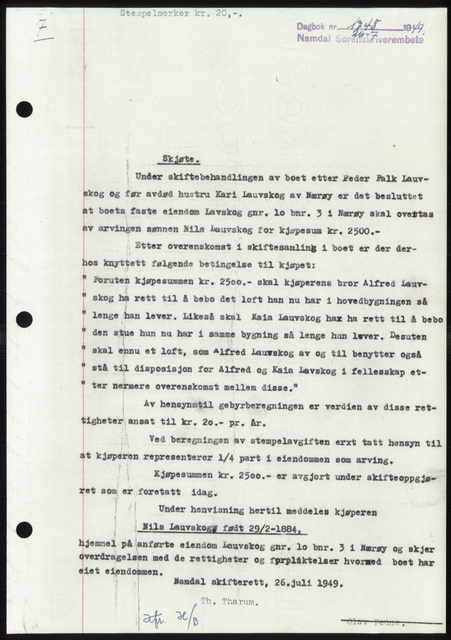 Namdal sorenskriveri, SAT/A-4133/1/2/2C: Pantebok nr. -, 1949-1949, Dagboknr: 1748/1949