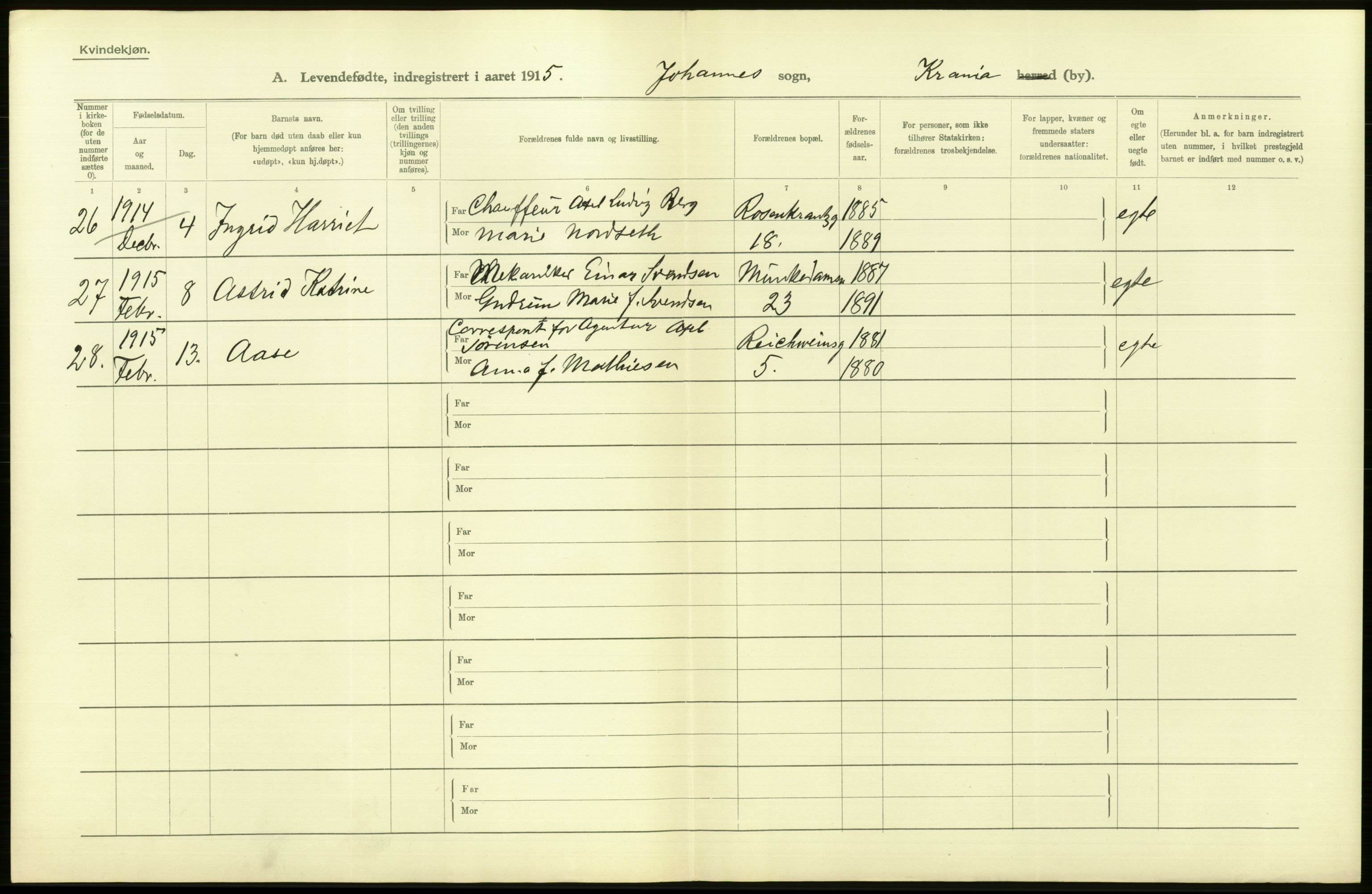 Statistisk sentralbyrå, Sosiodemografiske emner, Befolkning, AV/RA-S-2228/D/Df/Dfb/Dfbe/L0007: Kristiania: Levendefødte menn og kvinner., 1915, s. 490