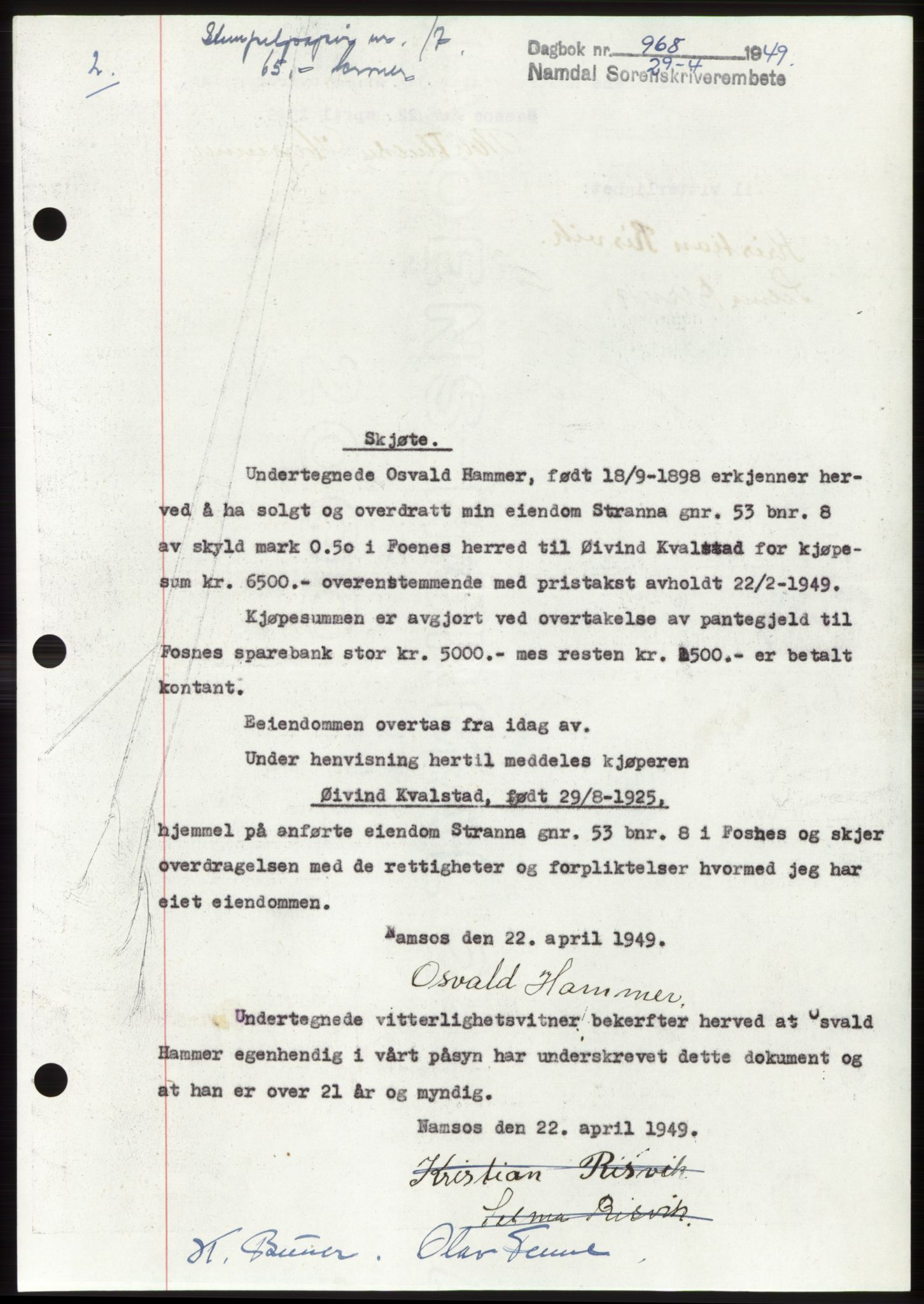 Namdal sorenskriveri, SAT/A-4133/1/2/2C: Pantebok nr. -, 1949-1949, Dagboknr: 968/1949