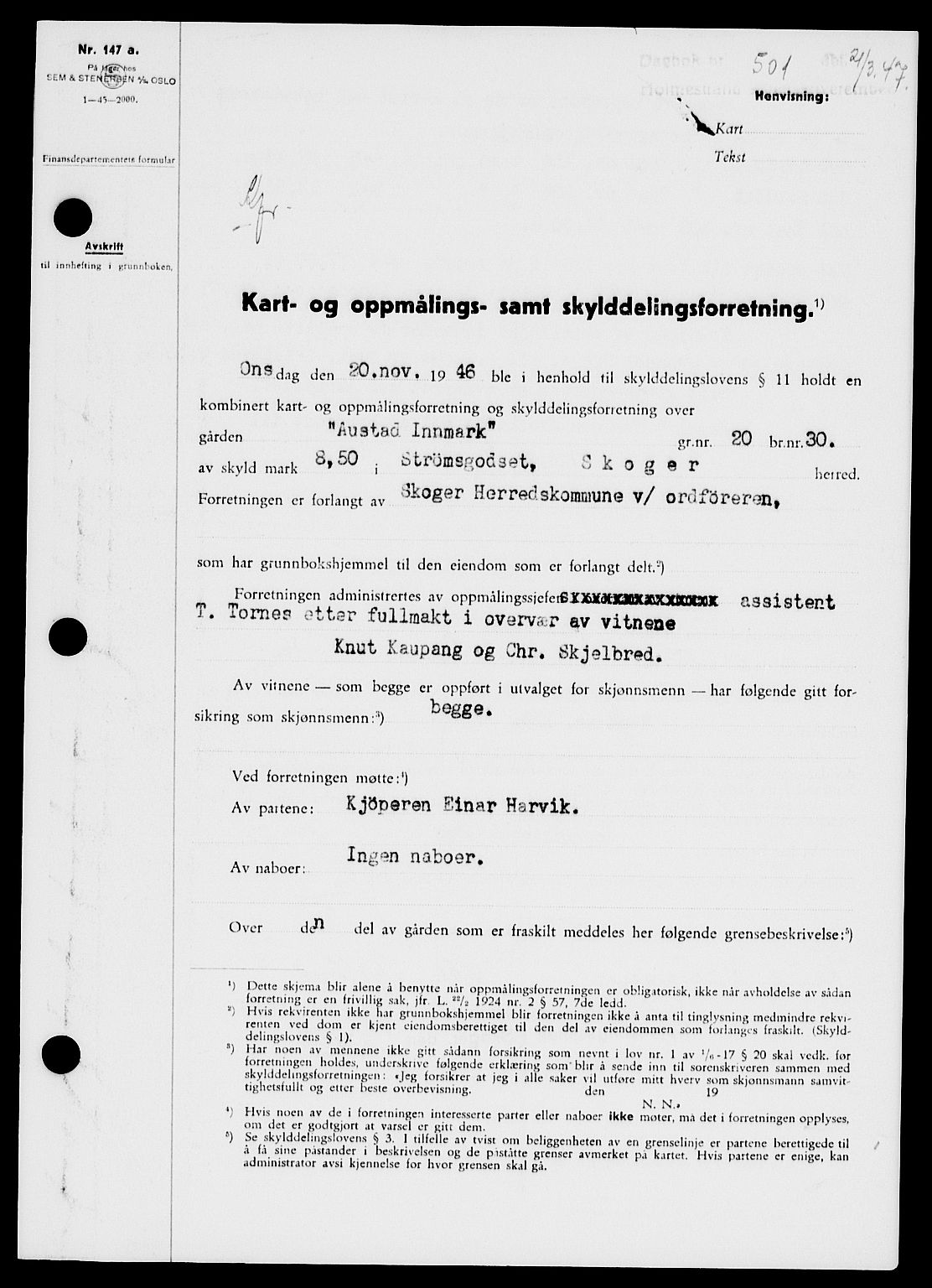 Holmestrand sorenskriveri, SAKO/A-67/G/Ga/Gaa/L0061: Pantebok nr. A-61, 1946-1947, Dagboknr: 501/1947