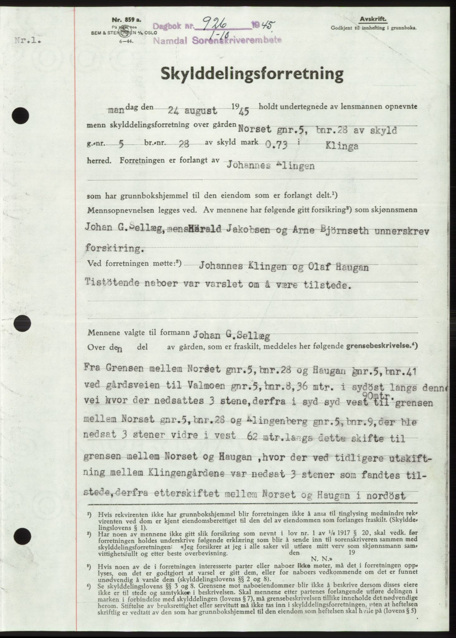 Namdal sorenskriveri, SAT/A-4133/1/2/2C: Pantebok nr. -, 1944-1945, Dagboknr: 926/1945