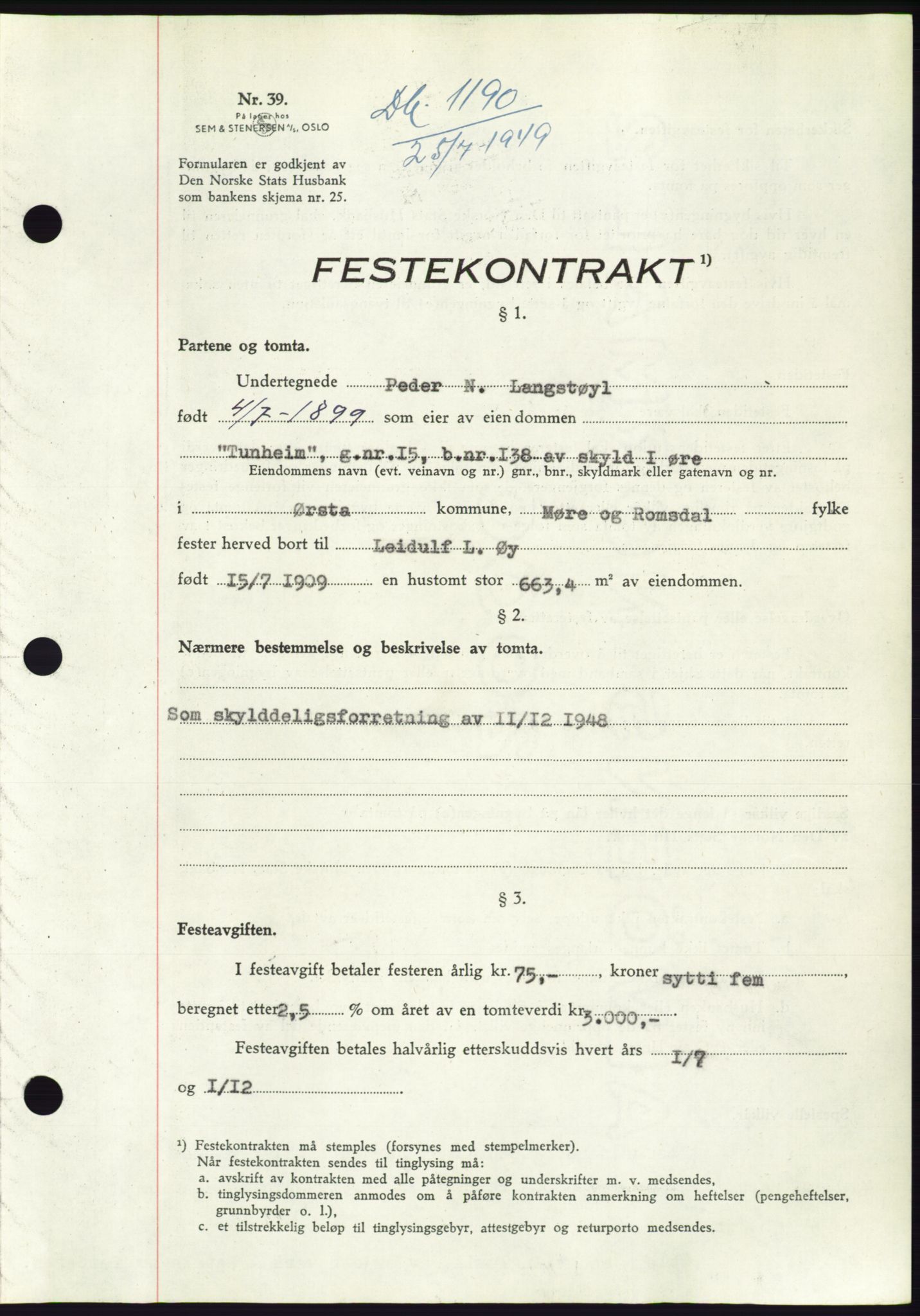 Søre Sunnmøre sorenskriveri, SAT/A-4122/1/2/2C/L0084: Pantebok nr. 10A, 1949-1949, Dagboknr: 1190/1949